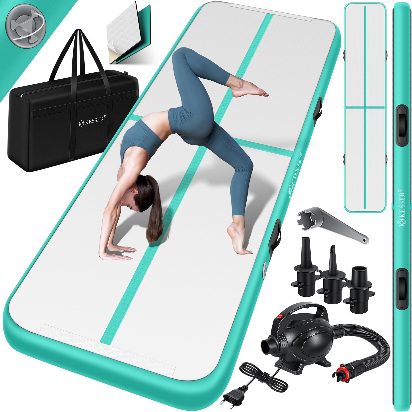 KESSER® Turnmatte Aufblasbar Airtrack 2m/3m/4m/5m/6m Fitness-Matte Gymnastikmatte inkl. Tragetasche & elektr. Luftpumpe Yogamatte, Tumbling Matten, Trainingsmatte, Turn- & Fitness