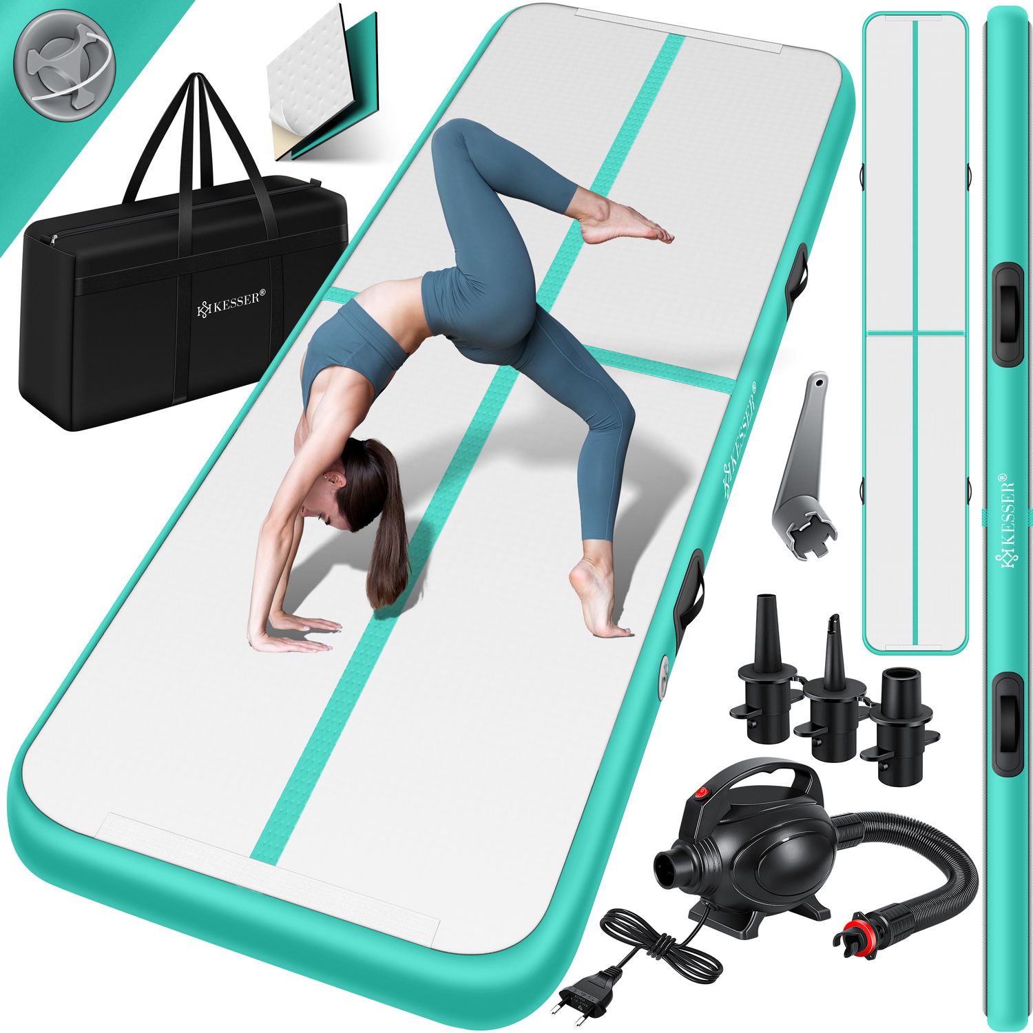 KESSER&reg; Turnmatte Aufblasbar Airtrack 2m/3m/4m/5m/6m Fitness-Matte Gymnastikmatte | inkl. Tragetasche & elektr. Luftpumpe | Yogamatte, Tumbling Matten, Trainingsmatte, Turn- & Fitness - Bild 1
