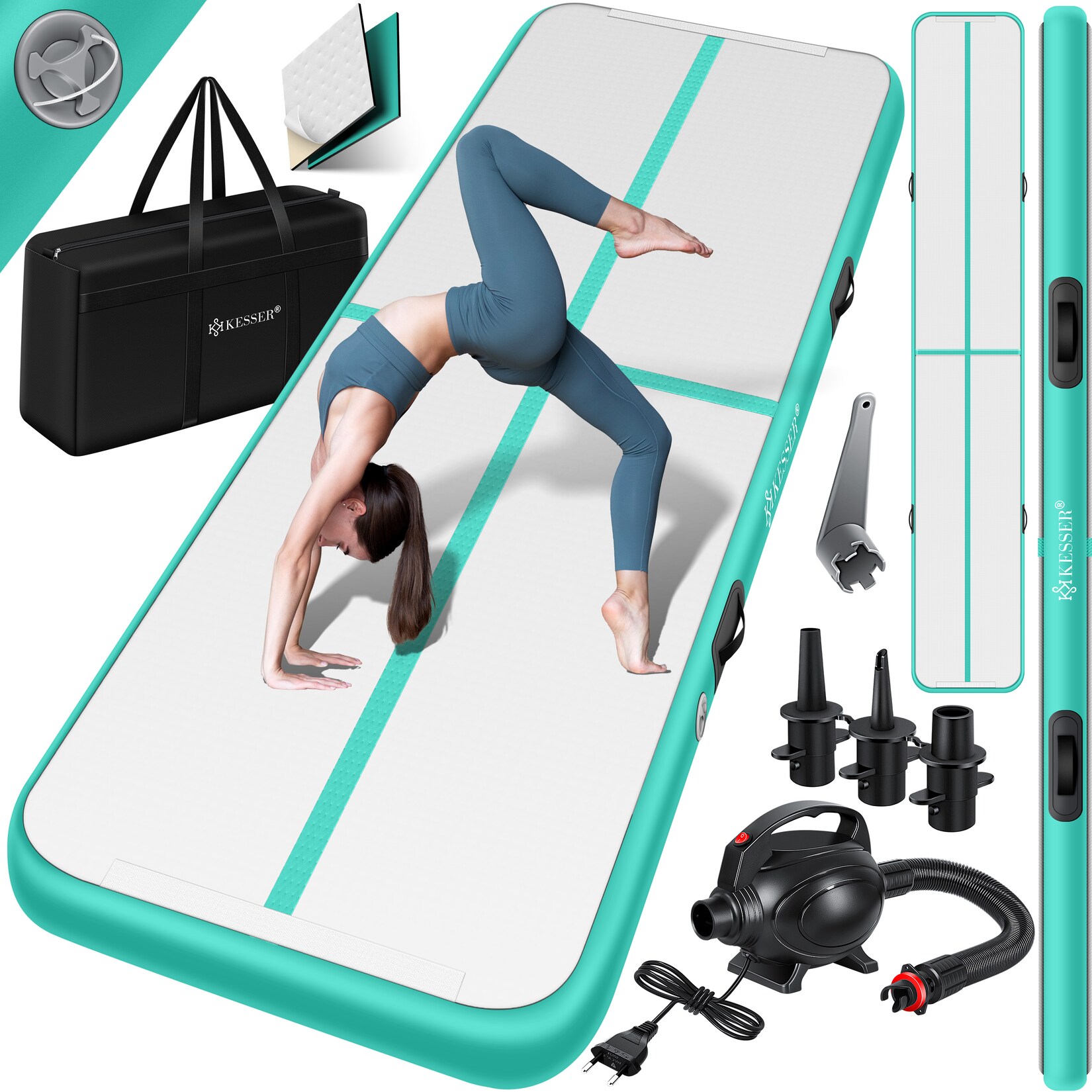 KESSER® Turnmatte Aufblasbar Airtrack 2m/3m/4m/5m/6m Fitness-Matte Gymnastikmatte inkl. Tragetasche & elektr. Luftpumpe Yogamatte, Tumbling Matten, Trainingsmatte, Turn- & Fitness