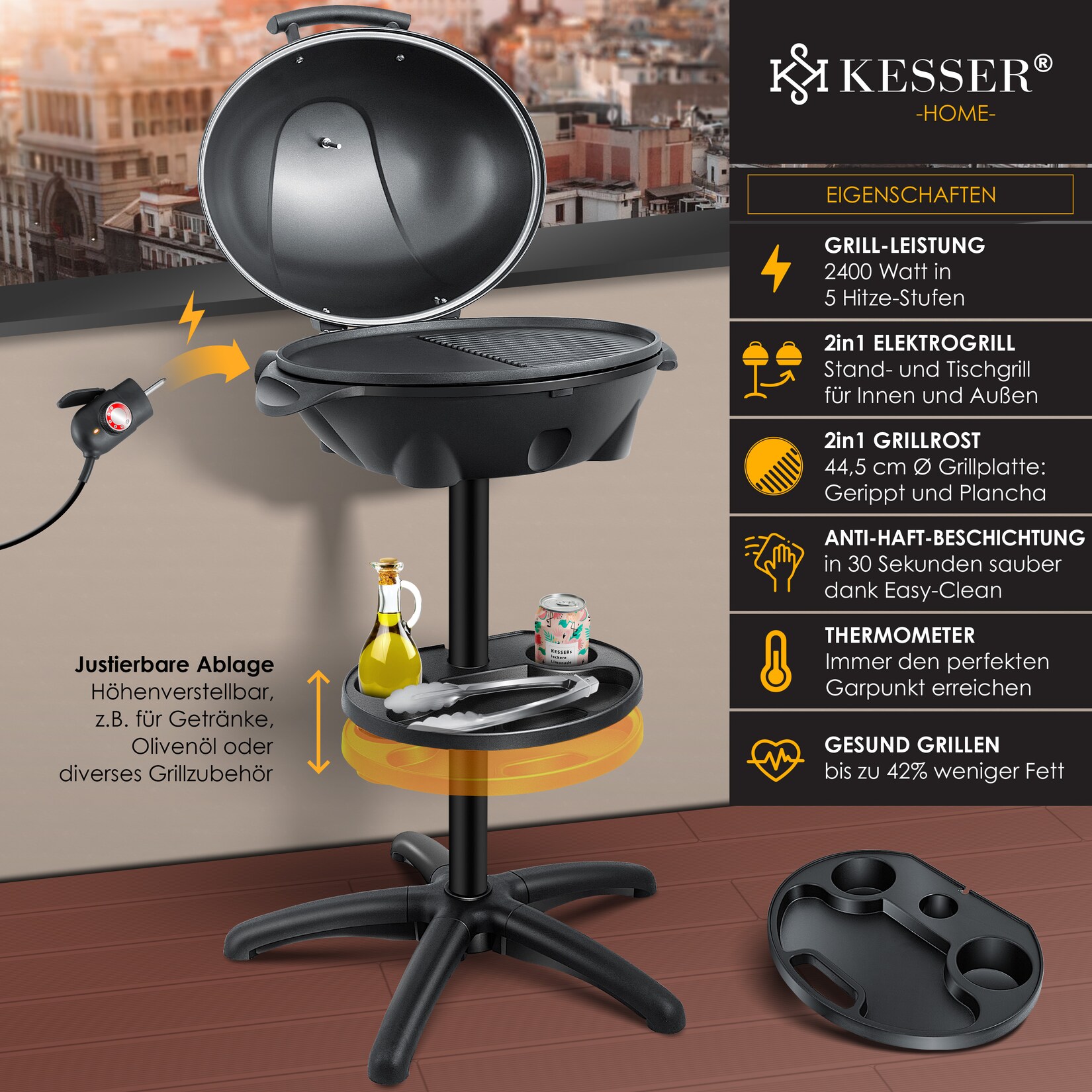 KESSER® elektrischer Elektrogrill 2in1 Tischgrill – Standgrill mit Deckel Standfuß   max. 2400 Watt Thermometer   Antihaftbeschichtung   XXL Grillplatte   integrierte Ablagefläche Elektro-Säulengrill | 04260692719208
