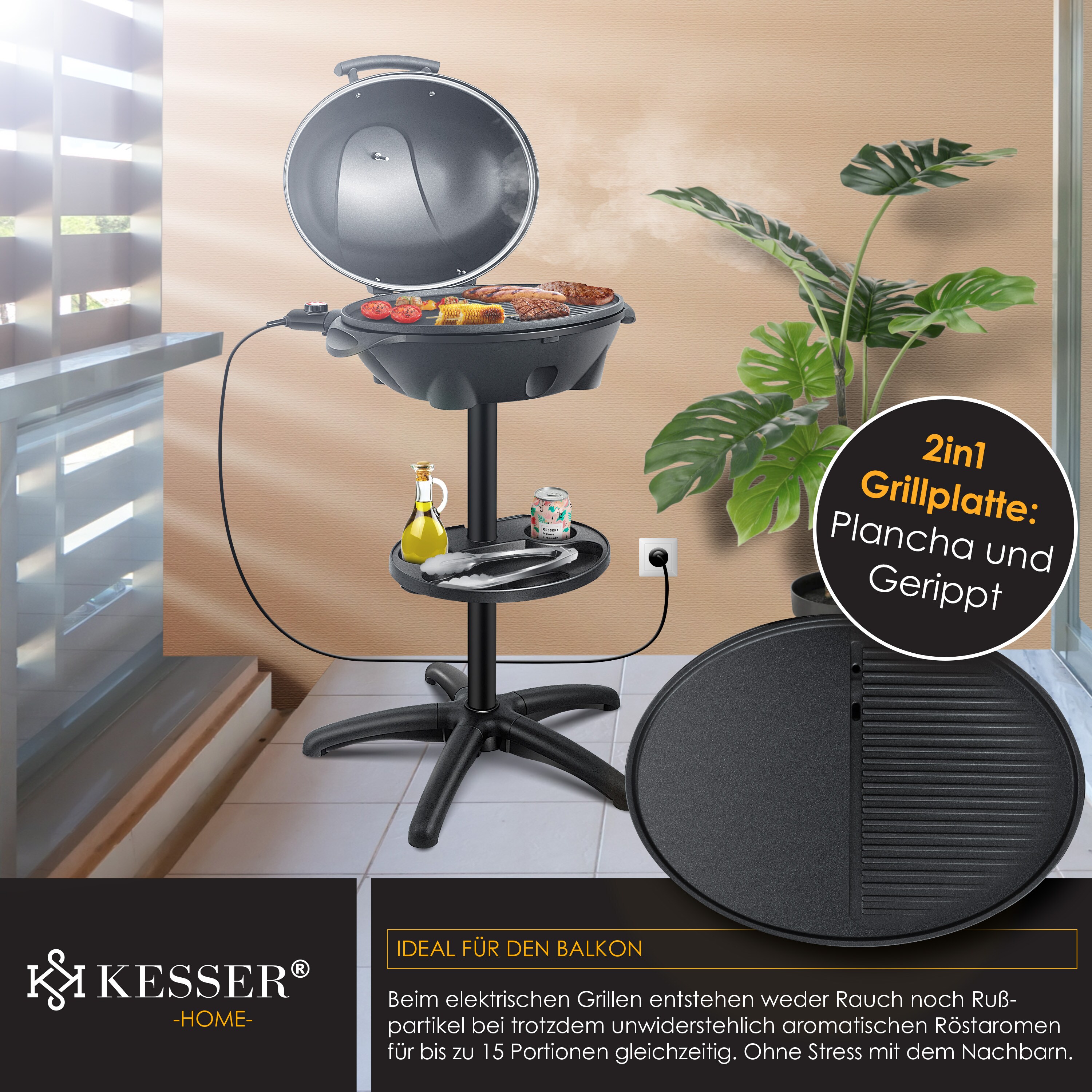 KESSER® elektrischer Elektrogrill 2in1 Tischgrill - Standgrill mit Deckel Standfuß | max. 2400 Watt Thermometer | Antihaftbeschichtung | XXL Grillplatte