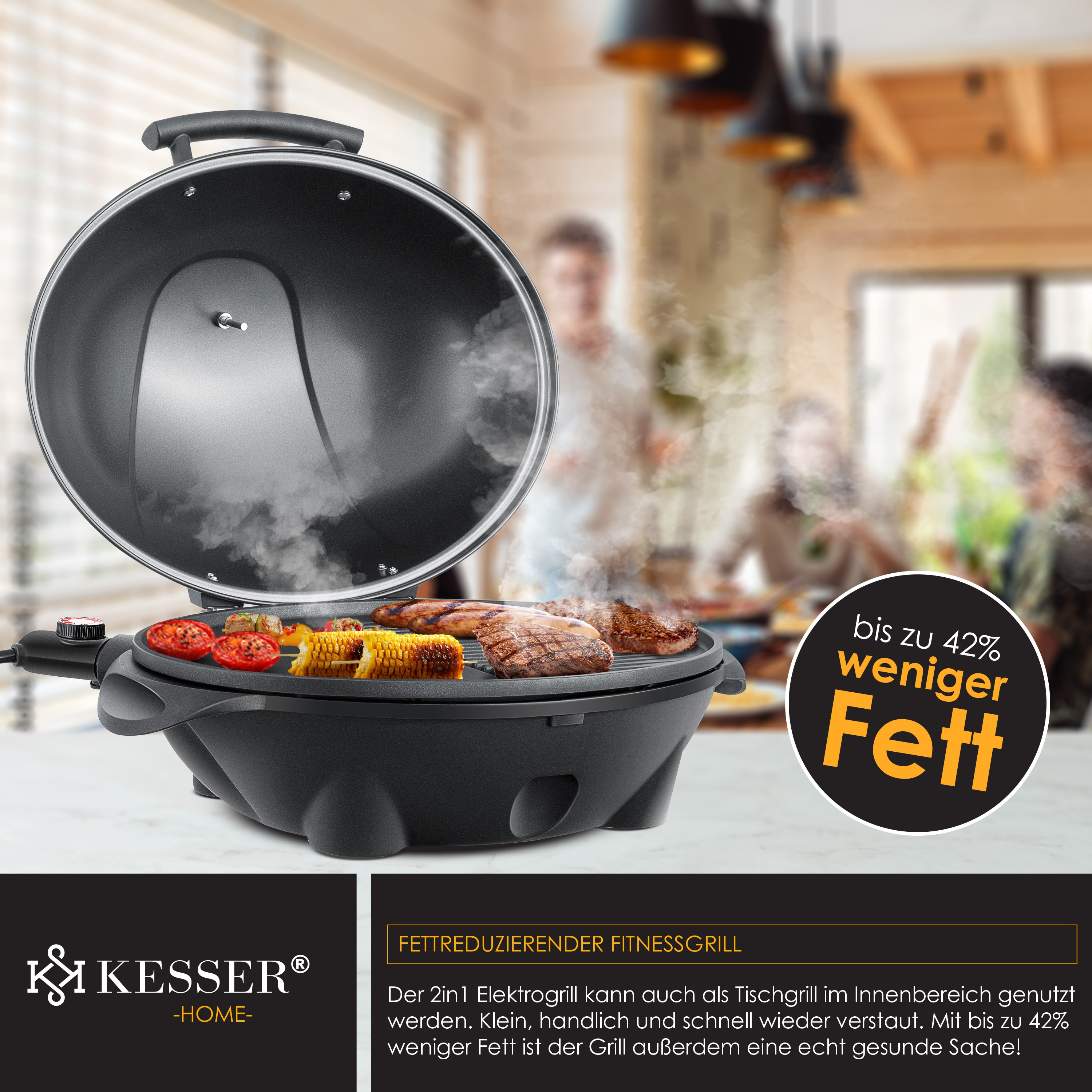 KESSER® elektrischer Elektrogrill 2in1 Tischgrill - Standgrill mit Deckel Standfuß | max. 2400 Watt Thermometer | Antihaftbeschichtung | XXL Grillplatte