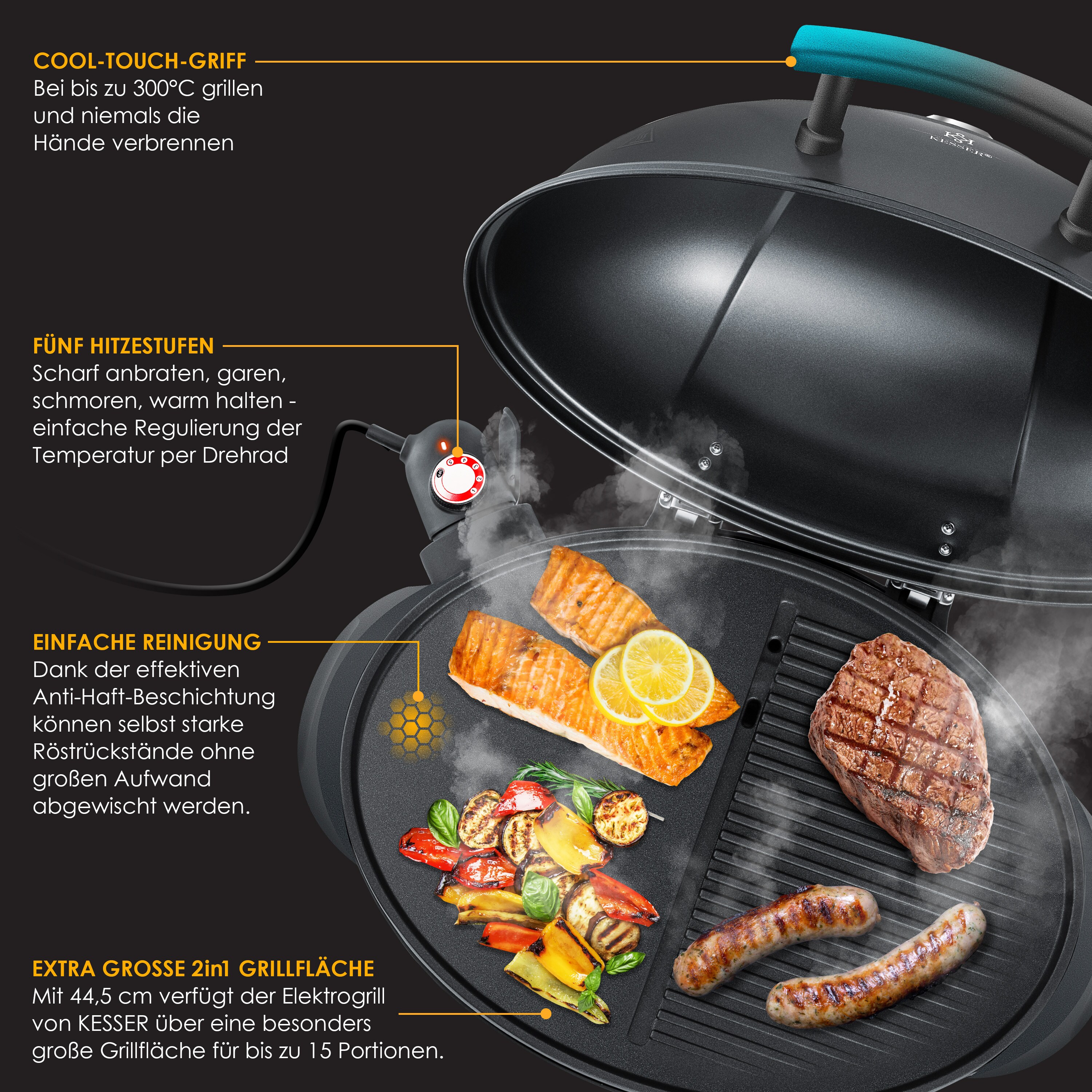 KESSER® elektrischer Elektrogrill 2in1 Tischgrill - Standgrill mit Deckel Standfuß | max. 2400 Watt Thermometer | Antihaftbeschichtung | XXL Grillplatte