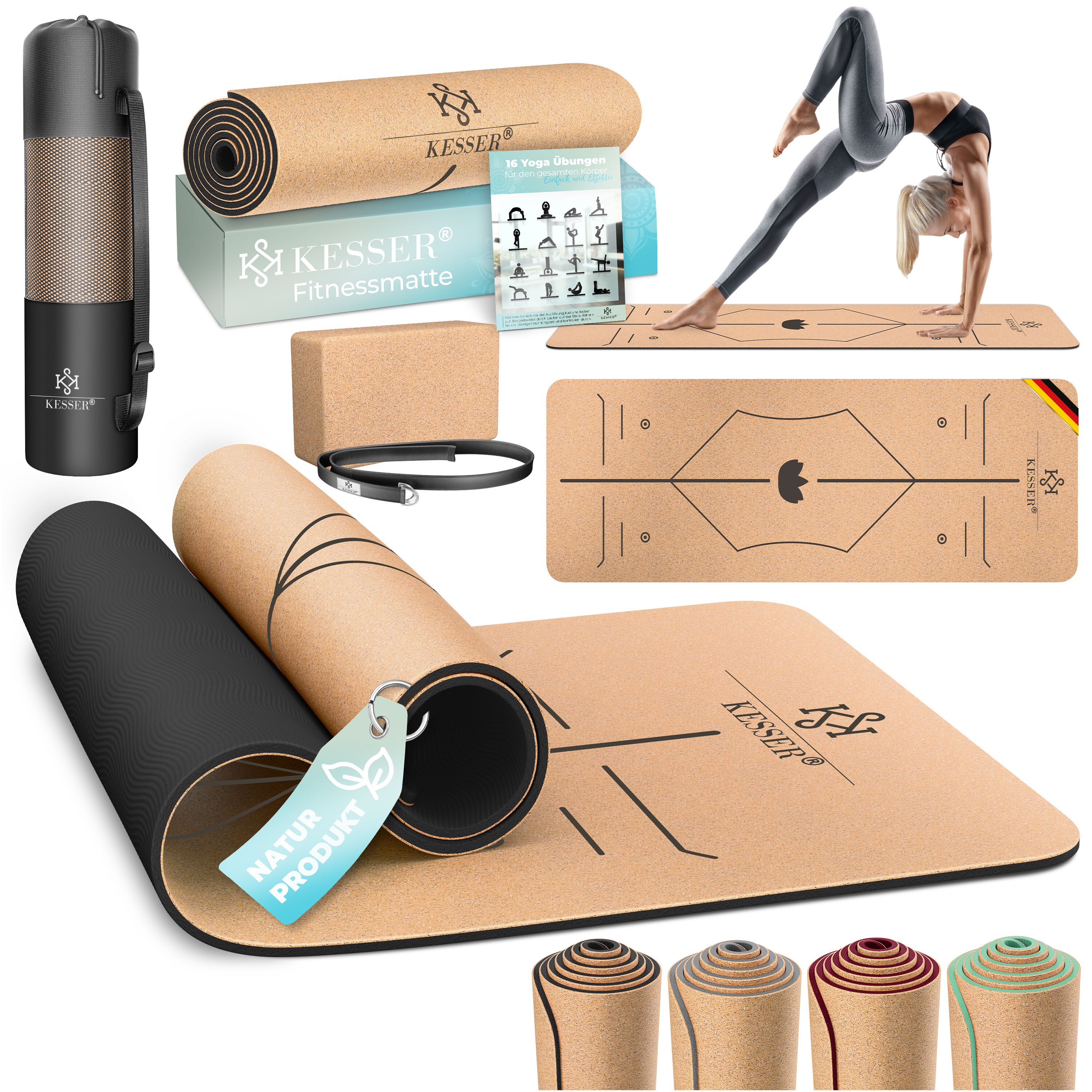 KESSER&reg; Yogamatte Kork Inkl. Tragegurt Tasche & Yoga-Block Gymnastikmatte Yoga Matte rutschfest aus Naturkautschuk TPE Fitnessmatte, 183 x 62 Trainingsmatte f&uuml;r Fitness Sportmatte, Gymnastik extradick - Bild 1