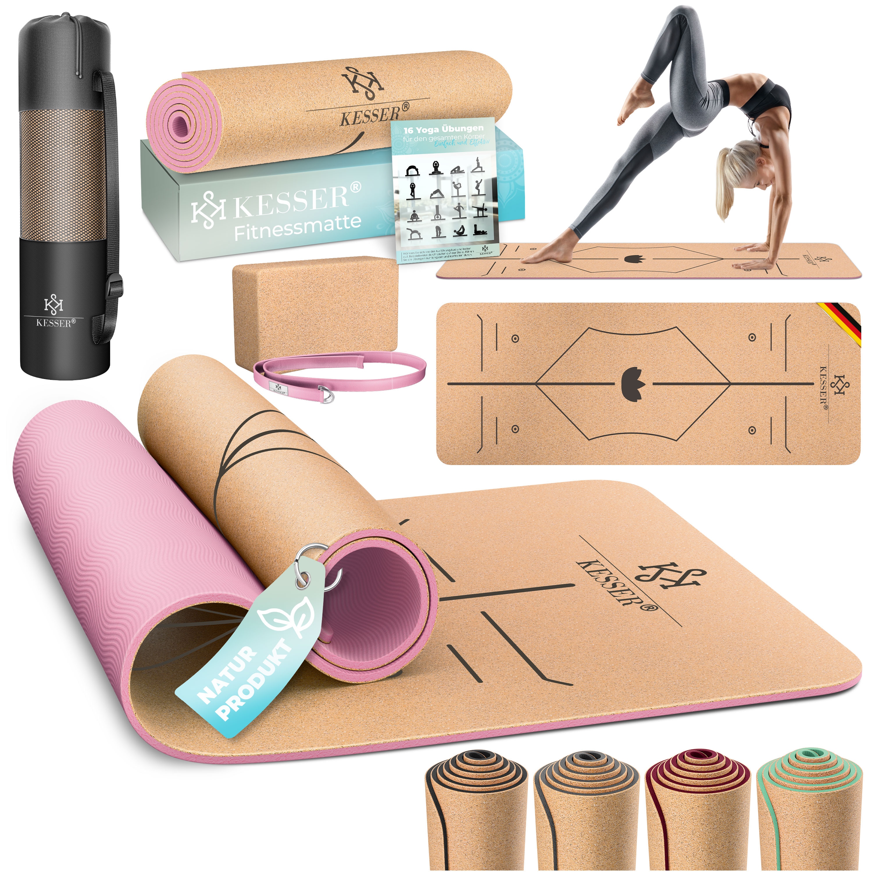 KESSER&reg; Yogamatte Kork Inkl. Tragegurt Tasche & Yoga-Block Gymnastikmatte Yoga Matte rutschfest aus Naturkautschuk TPE Fitnessmatte, 183 x 62 Trainingsmatte f&uuml;r Fitness Sportmatte, Gymnastik extradick - Bild 1