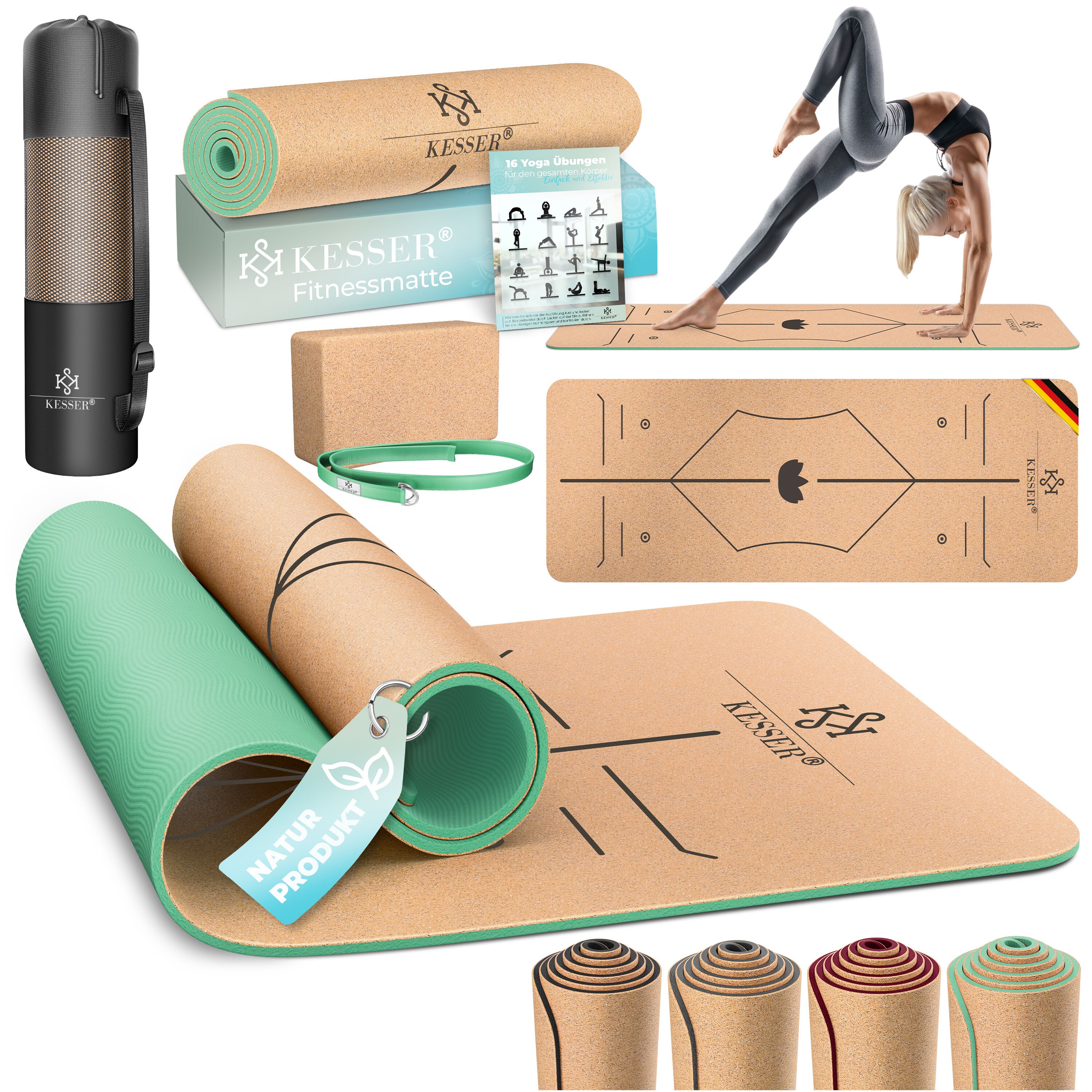 KESSER&reg; Yogamatte Kork Inkl. Tragegurt Tasche & Yoga-Block Gymnastikmatte Yoga Matte rutschfest aus Naturkautschuk TPE Fitnessmatte, 183 x 62 Trainingsmatte f&uuml;r Fitness Sportmatte, Gymnastik extradick - Bild 1