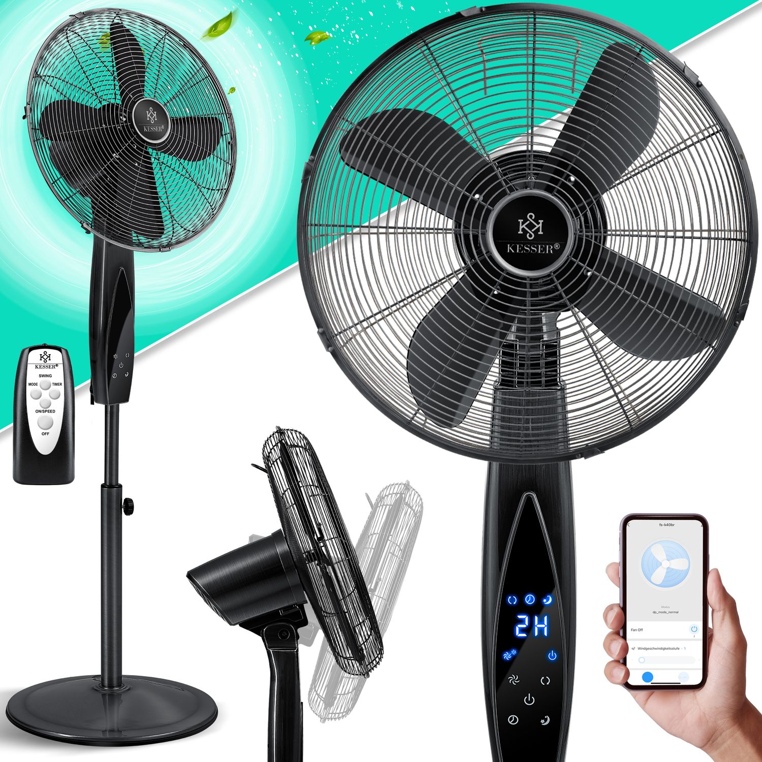 KESSER&reg; Standventilator Metall mit Fernbedienung APP Funktion Wifi Timer Standl&uuml;fter - Oszillationsfunktion 80 Grad 55W &ndash; 3 Geschwindigkeitsstufen h&ouml;henverstellbarer Ventilator Standfu&szlig; - Bild 1