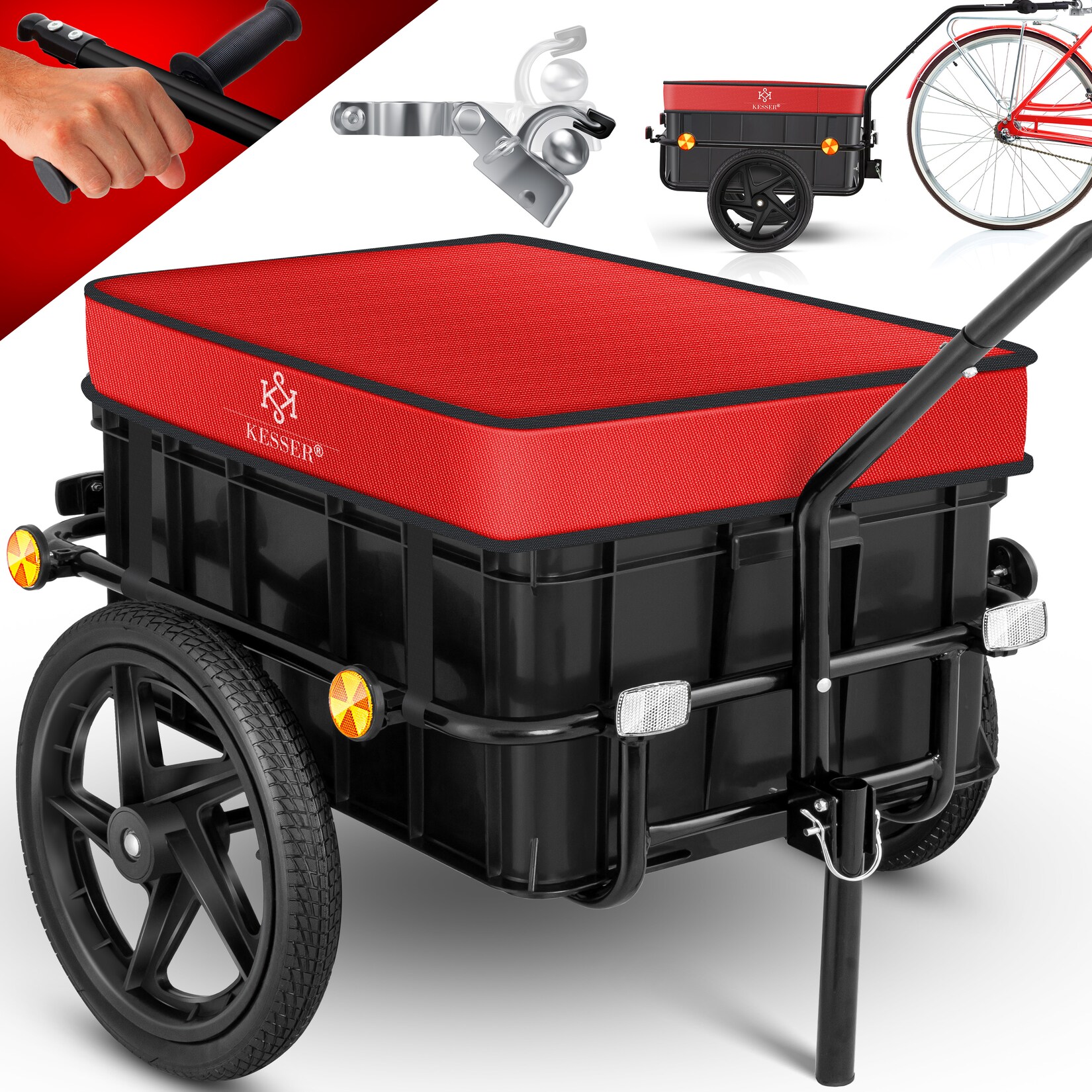 KESSER® Fahrradanhänger Lastenanhänger Handwagen mit Kupplung Hochdeichsel für Fahrrad Transportanhänger Transportbox mit 70 Liter Volumen Max. 60kg für Fahrräder mit 26'' - 28''