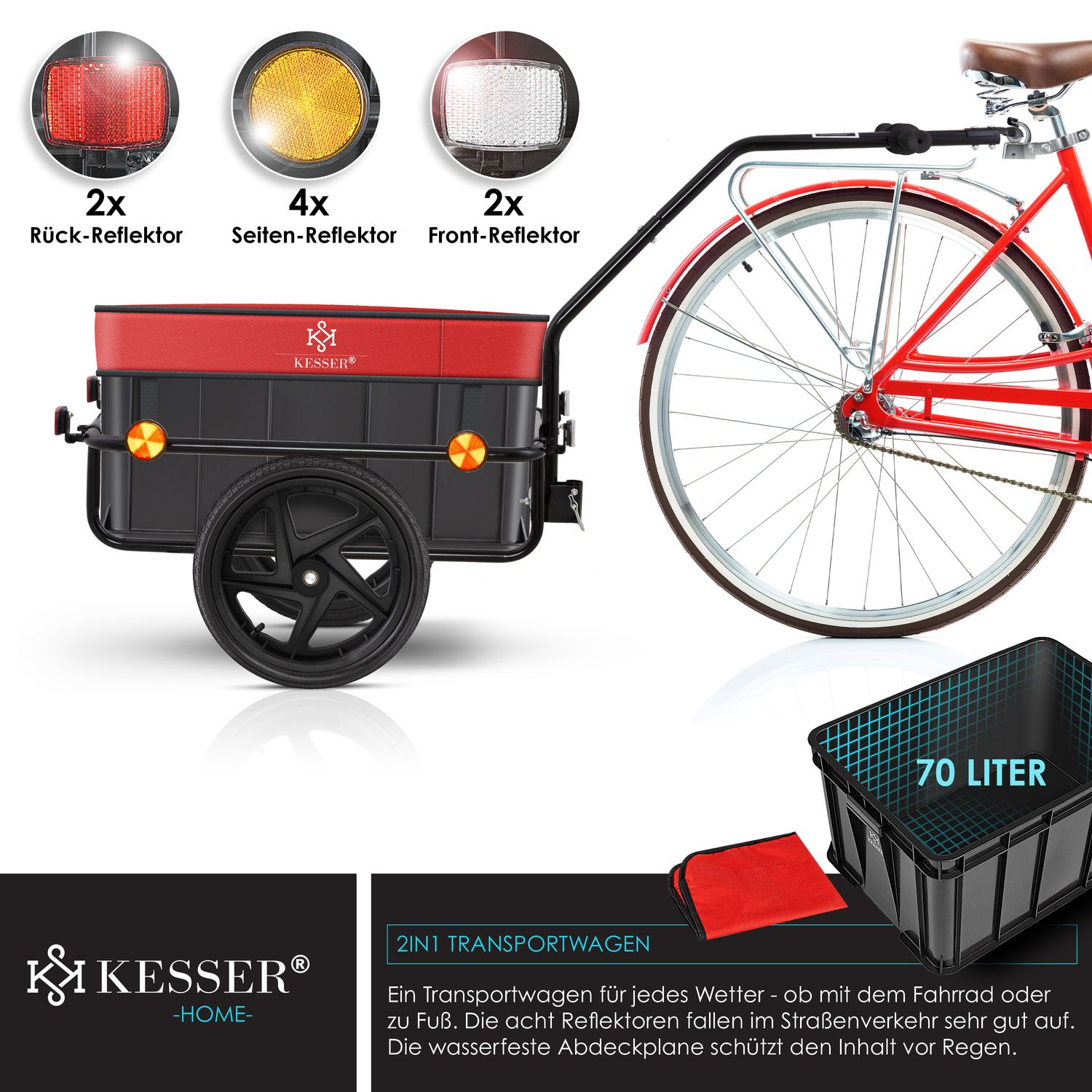 KESSER Fahrradanhnger Lastenanhnger Handwagen mit Kupplung Hochdeichsel  fr Fahrrad Transportanhnger Transportbox mit 70 Liter Volumen M