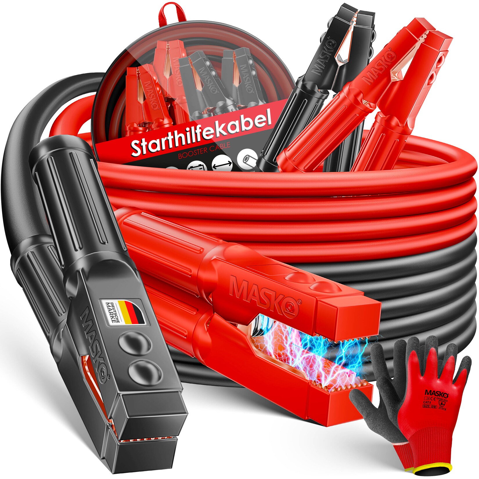 MASKO® Starthilfekabel Überbrückungskabel für Benzin- und Dieselmotoren, 6/12/24 Volt. Auto Motorrad Starterkabel aus Kupfer inkl. Handschuhe und Tragetasche (25mm² 1200A / 30mm² 1500A)