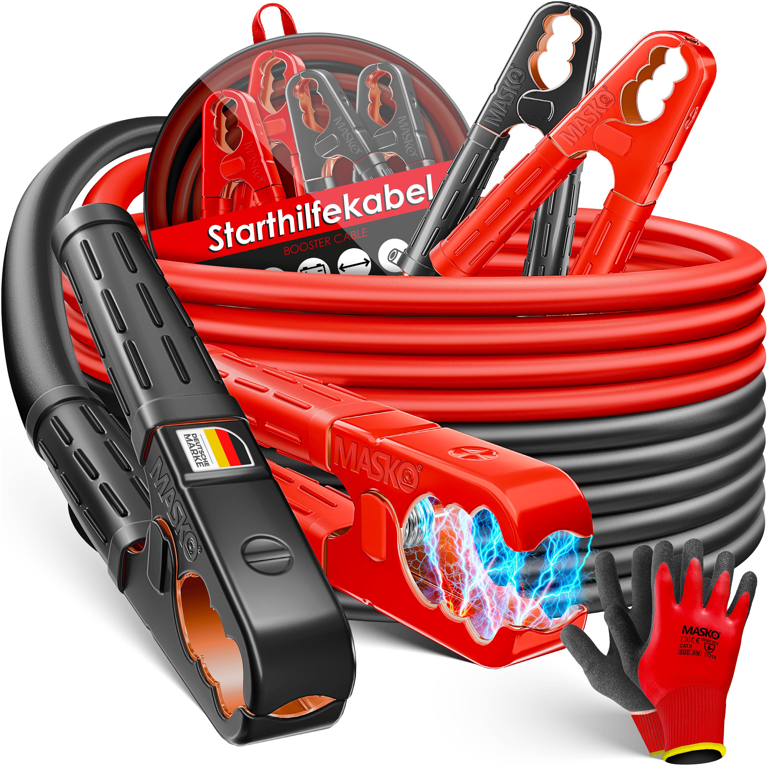 MASKO&reg; Starthilfekabel &Uuml;berbr&uuml;ckungskabel f&uuml;r Benzin- und Dieselmotoren, 6/12/24 Volt. Auto Motorrad Starterkabel aus Kupfer inkl. Handschuhe und Tragetasche (25mm&sup2; 1200A / 30mm&sup2; 1500A) - Bild 1