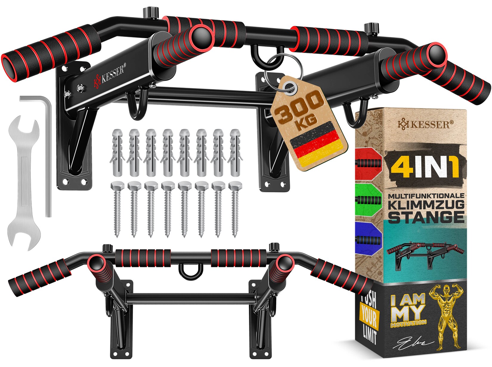 KESSER® 4in1 Klimmzugstange zur Wandmontage rutschfesten Griffen zusätzliche Funktion für Seile Ringe und Boxsäcke mit verschiedenen Griffpositionen sicher & stabil Pull Up Bar für zuhause