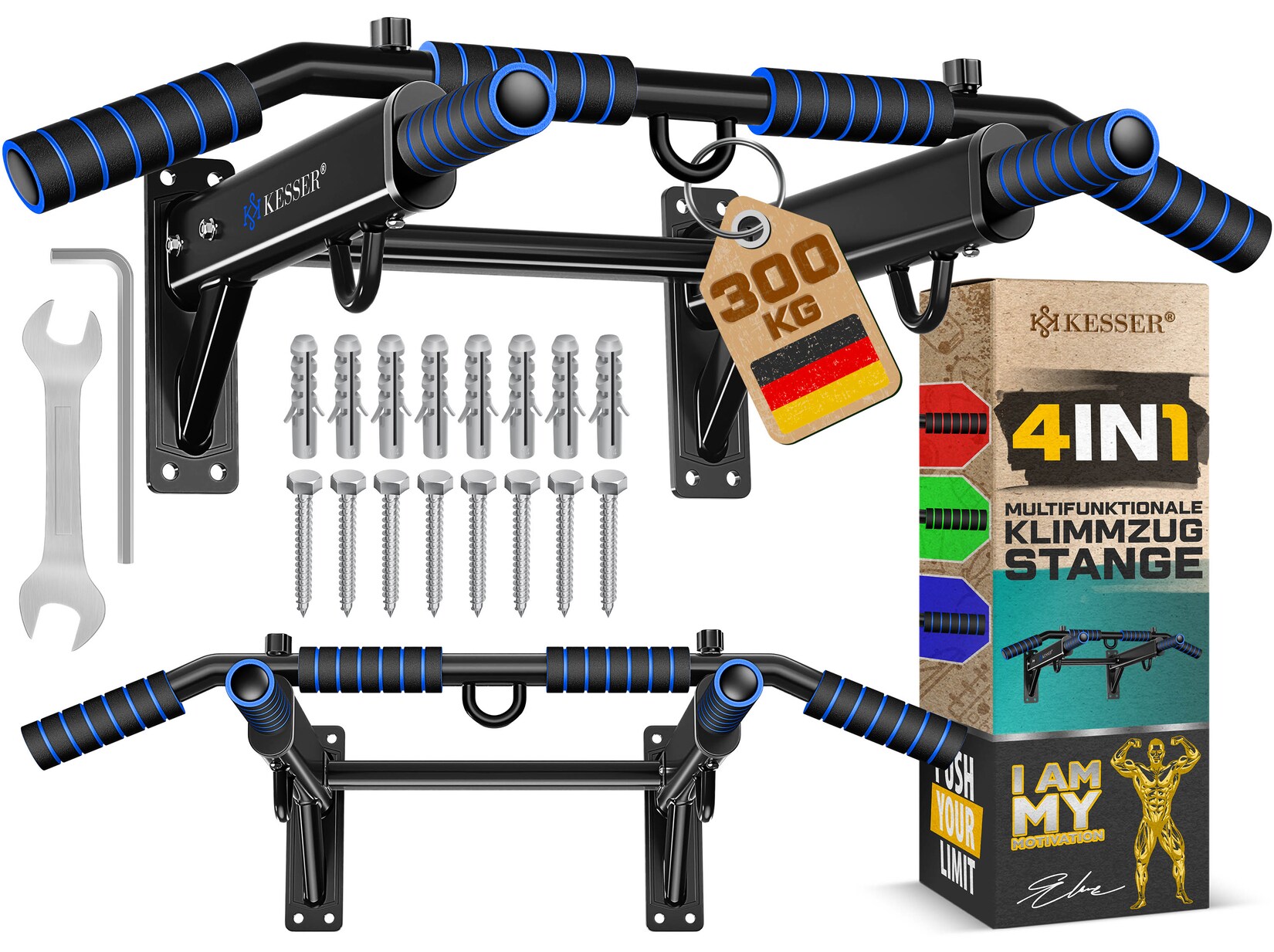 KESSER® 4in1 Klimmzugstange zur Wandmontage rutschfesten Griffen zusätzliche Funktion für Seile Ringe und Boxsäcke mit verschiedenen Griffpositionen sicher & stabil Pull Up Bar für zuhause