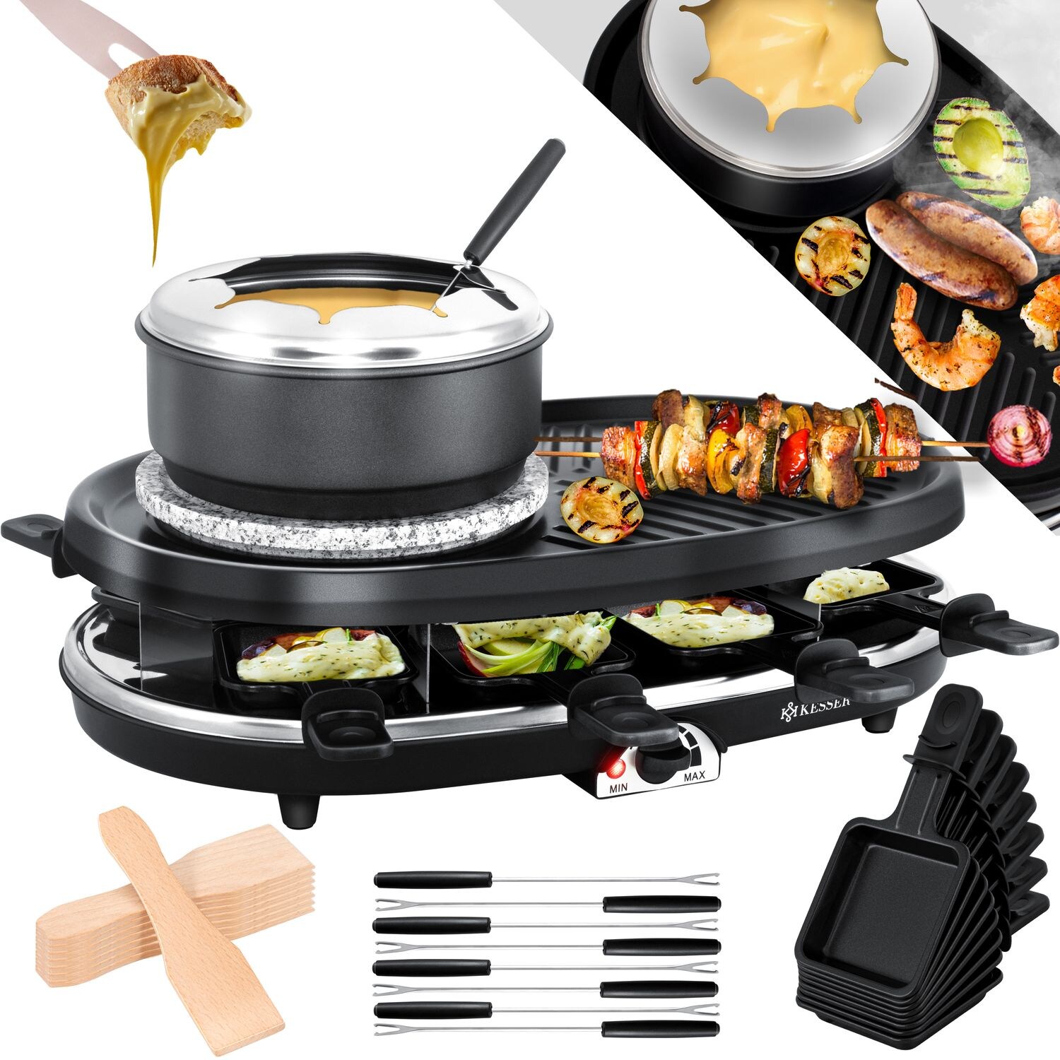 KESSER® 3in1 Raclette-Grill mit Naturgrillstein, Grillplatte und Fondue, Tischgrill für 8 Personen, Elektrogrill Raclette Grill antihaftbeschichteter Grillplatte, 8 Pfannen und Holzspatel | 04260692715347