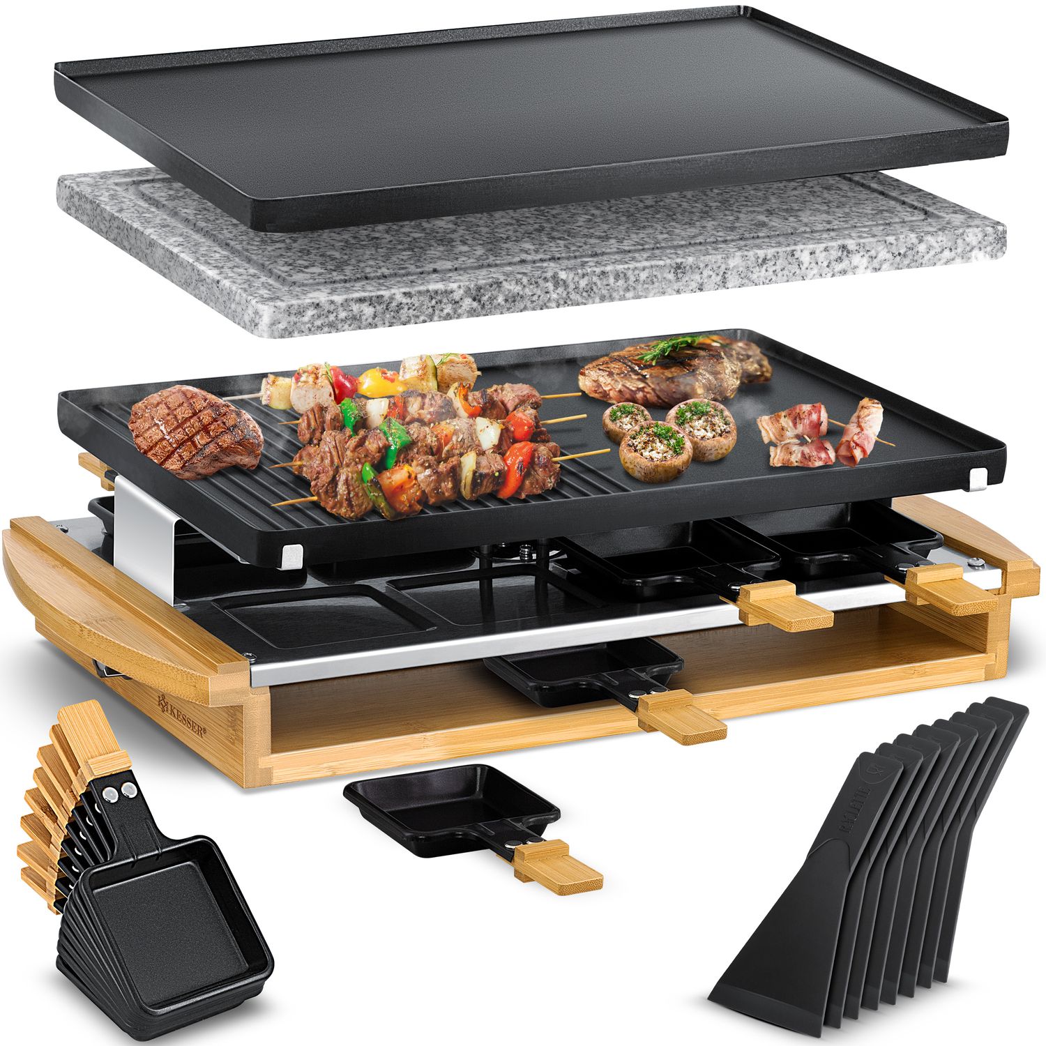 KESSER&reg; Raclette-Grill mit Naturgrillstein, Grillplatte Tischgrill f&uuml;r 8 Personen, Elektrogrill Raclette Grill antihaftbeschichteter Grillplatte, 8 Pfannen und Holzspatel 1200W - Bild 1