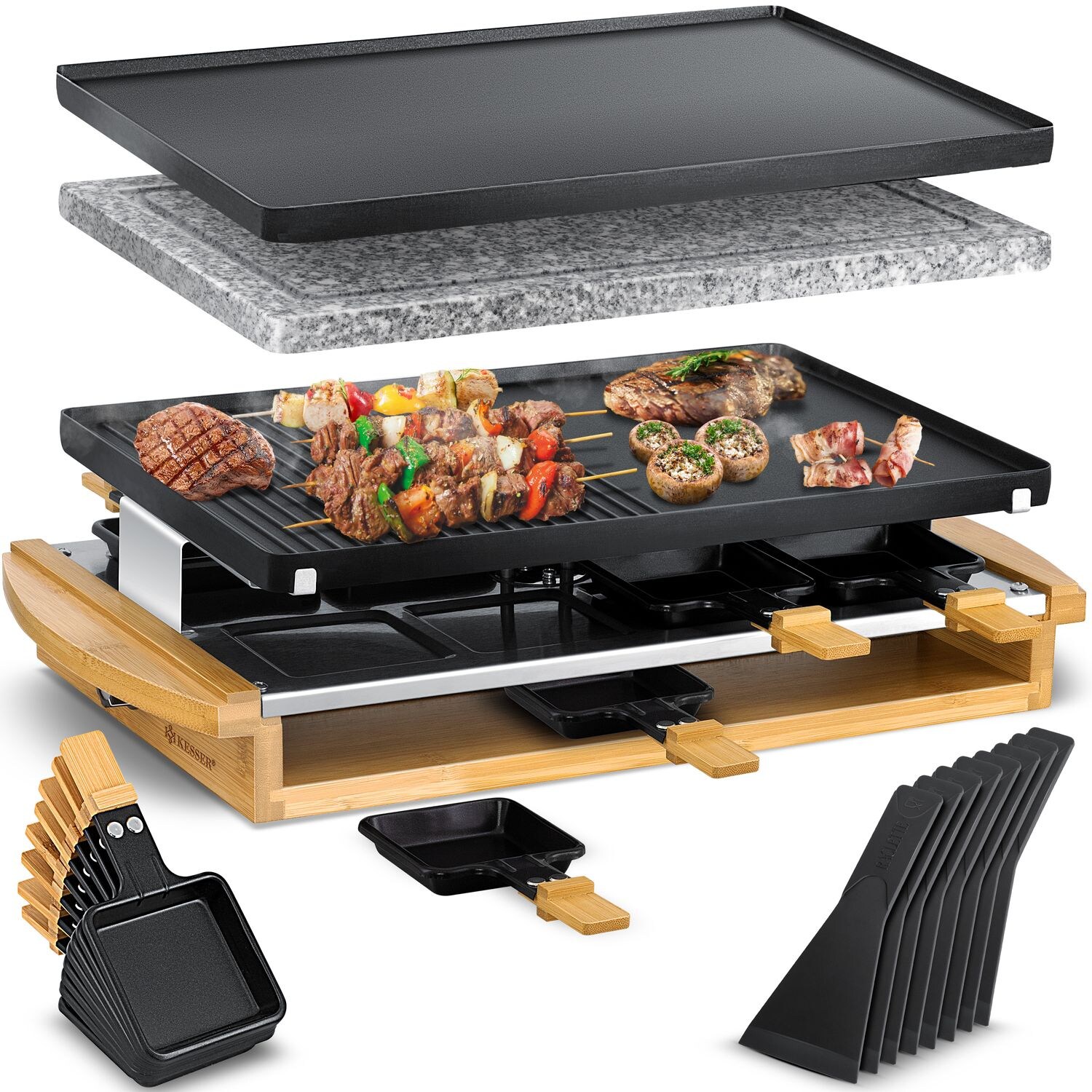 KESSER® Raclette-Grill mit Naturgrillstein, Grillplatte Tischgrill für 8 Personen, Elektrogrill Raclette Grill antihaftbeschichteter Grillplatte, 8 Pfannen und Holzspatel 1200W | 04260692715316