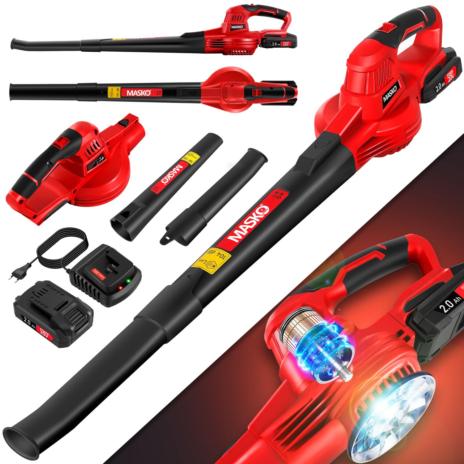 MASKO&reg; Akku Laubbl&auml;ser mit akku und ladeger&auml;t Power Charger - Luftstrom 190km/h - Lithium Ionen Akku 20 V, 2000 mAh 2,0 Ah - leichtes ergonomisches elektrisch Gebl&auml;se 2-Gang Geschwindigkeit - Bild 1