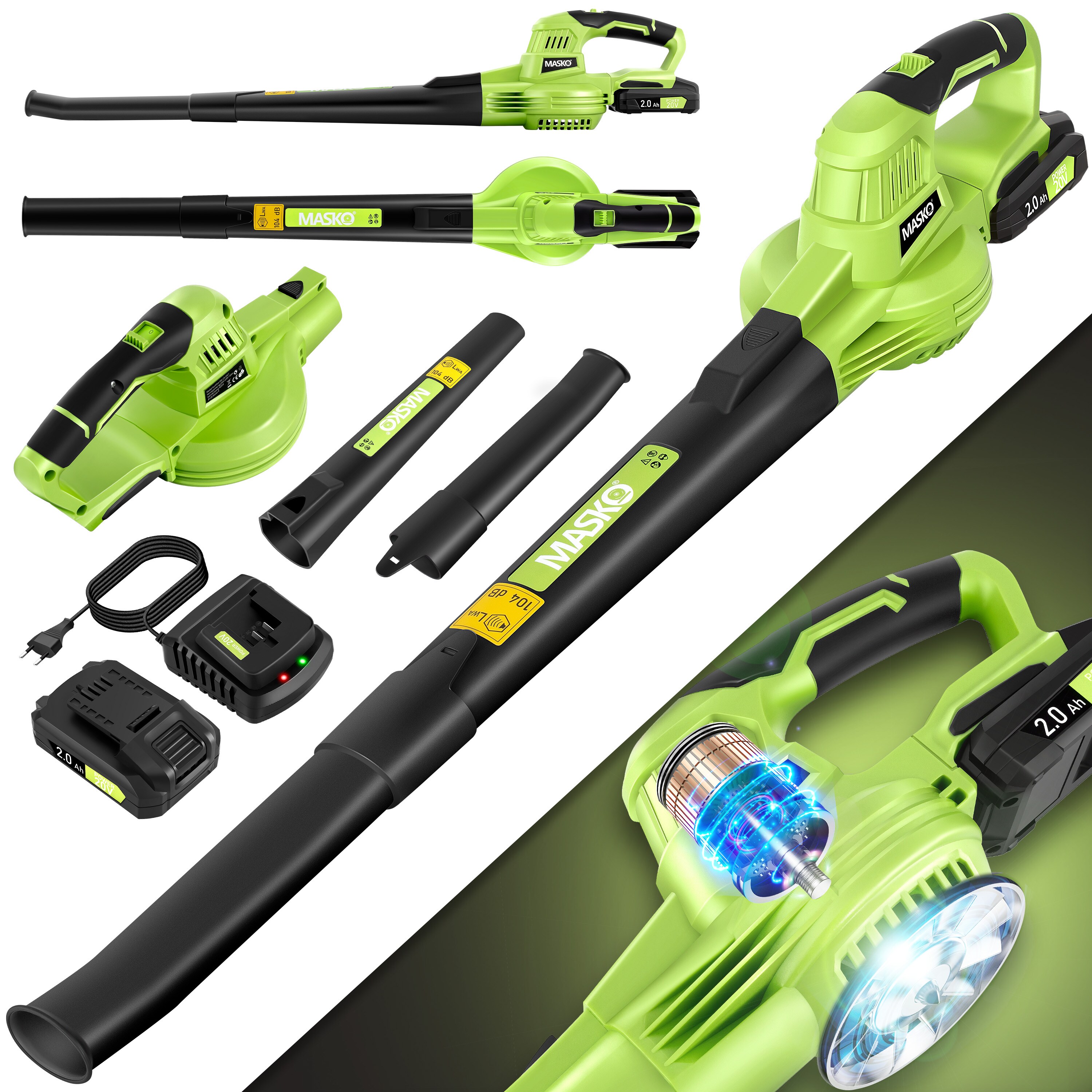 MASKO&reg; Akku Laubbl&auml;ser mit akku und ladeger&auml;t Power Charger - Luftstrom 190km/h - Lithium Ionen Akku 20 V, 2000 mAh 2,0 Ah - leichtes ergonomisches elektrisch Gebl&auml;se 2-Gang Geschwindigkeit - Bild 1