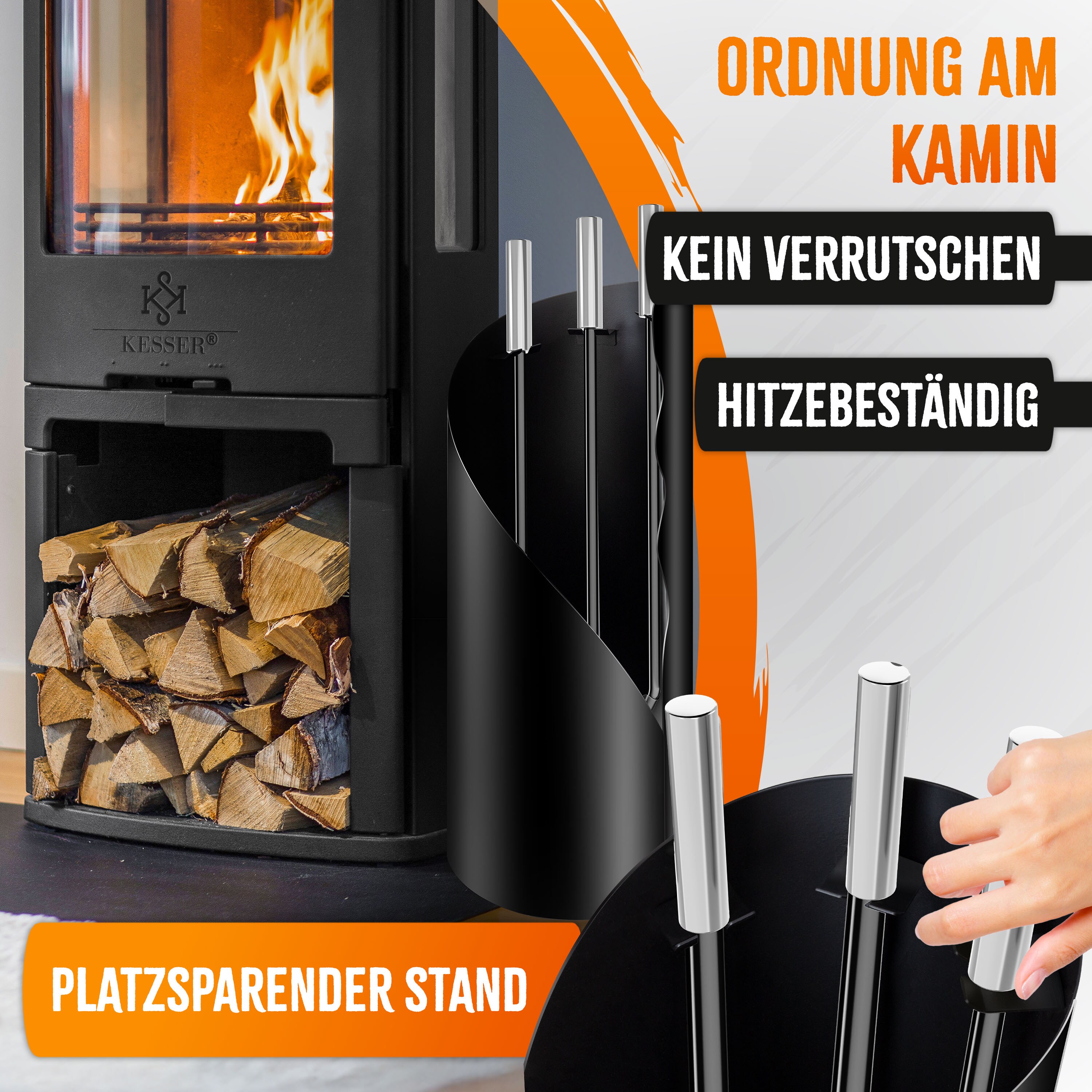 5-teiliges Kaminbesteck-Set Aus Gusseisen Schwarz - Mit Poker, Bürste, Schaufel, Kohleimer & Ständer