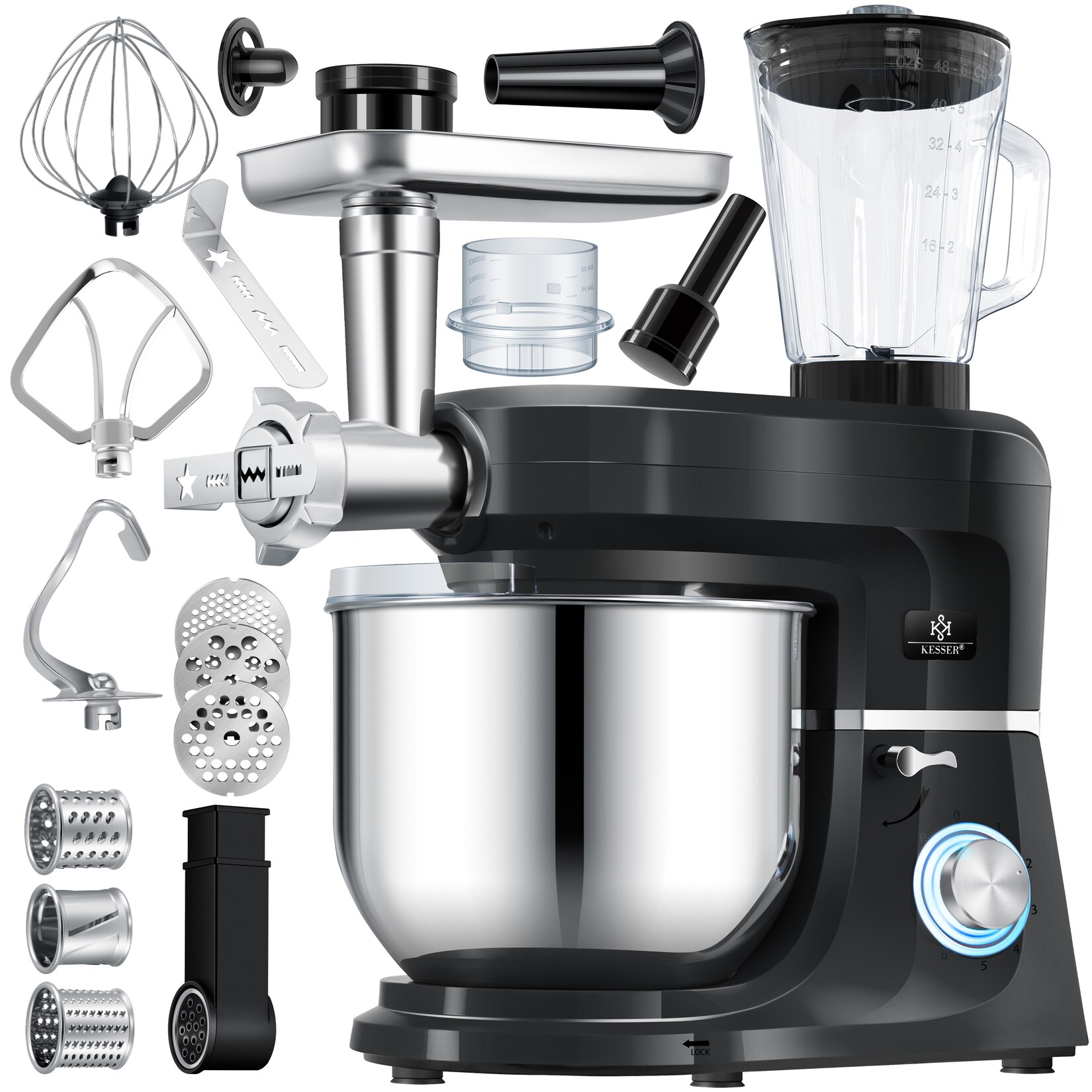 ® 3 in 1 Universal Küchenmaschine K-KM 3000 mit Fleischwolf Knetmaschine Multifuntionale Rührmaschine  Schüssel mit 3 Rührwerkzeuge 1,5L Entsafter Wurst Set Pasta & Plätzchenformen