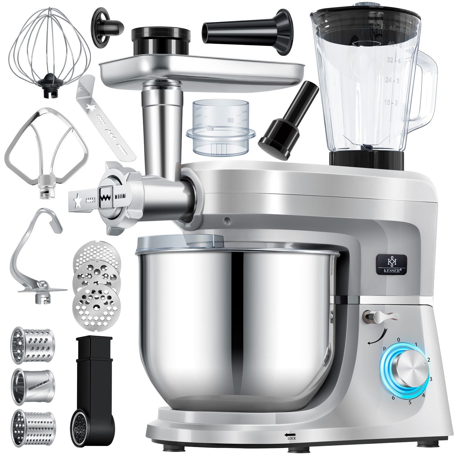 KESSER&reg; 3 in 1 Universal K&uuml;chenmaschine K-KM 3000 mit Fleischwolf Knetmaschine Multifuntionale R&uuml;hrmaschine 5,5L Sch&uuml;ssel mit 3 R&uuml;hrwerkzeuge 1,5L Entsafter Wurst Set Pasta & Pl&auml;tzchenformen - Bild 1