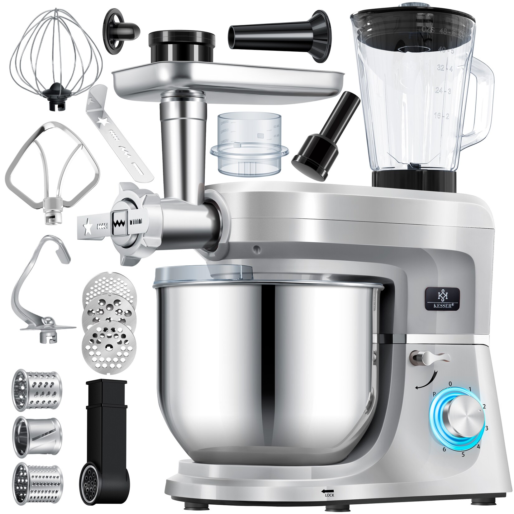 ® 3 in 1 Universal Küchenmaschine K-KM 3000 mit Fleischwolf Knetmaschine Multifuntionale Rührmaschine  Schüssel mit 3 Rührwerkzeuge 1,5L Entsafter Wurst Set Pasta & Plätzchenformen