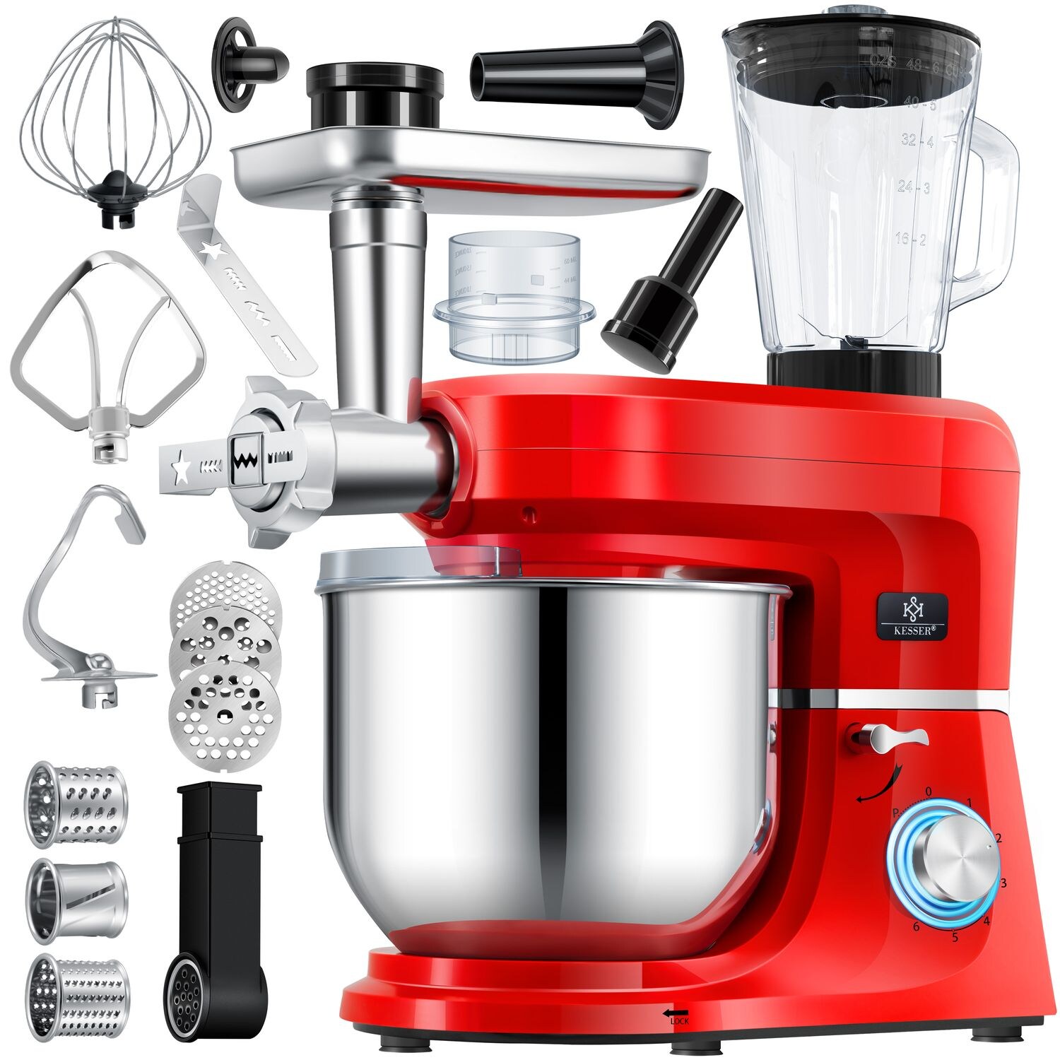 KESSER 3 in 1 Universal Küchenmaschine K-KM 3000 mit Fleischwolf Knetmaschine Multifuntionale Rührmaschine 5,5L Schüssel mit 3 Rührwerkzeuge 1,5L Entsafter Wurst Set Pasta & Pl&aum