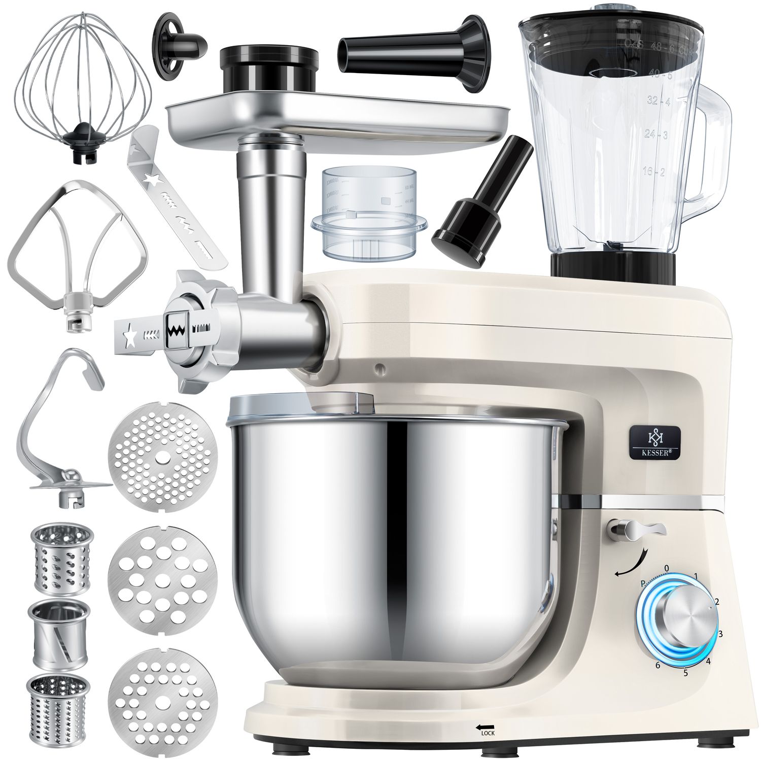 KESSER&reg; 3 in 1 Universal K&uuml;chenmaschine K-KM 3000 mit Fleischwolf Knetmaschine Multifuntionale R&uuml;hrmaschine 5,5L Sch&uuml;ssel mit 3 R&uuml;hrwerkzeuge 1,5L Entsafter Wurst Set Pasta & Pl&auml;tzchenformen - Bild 1