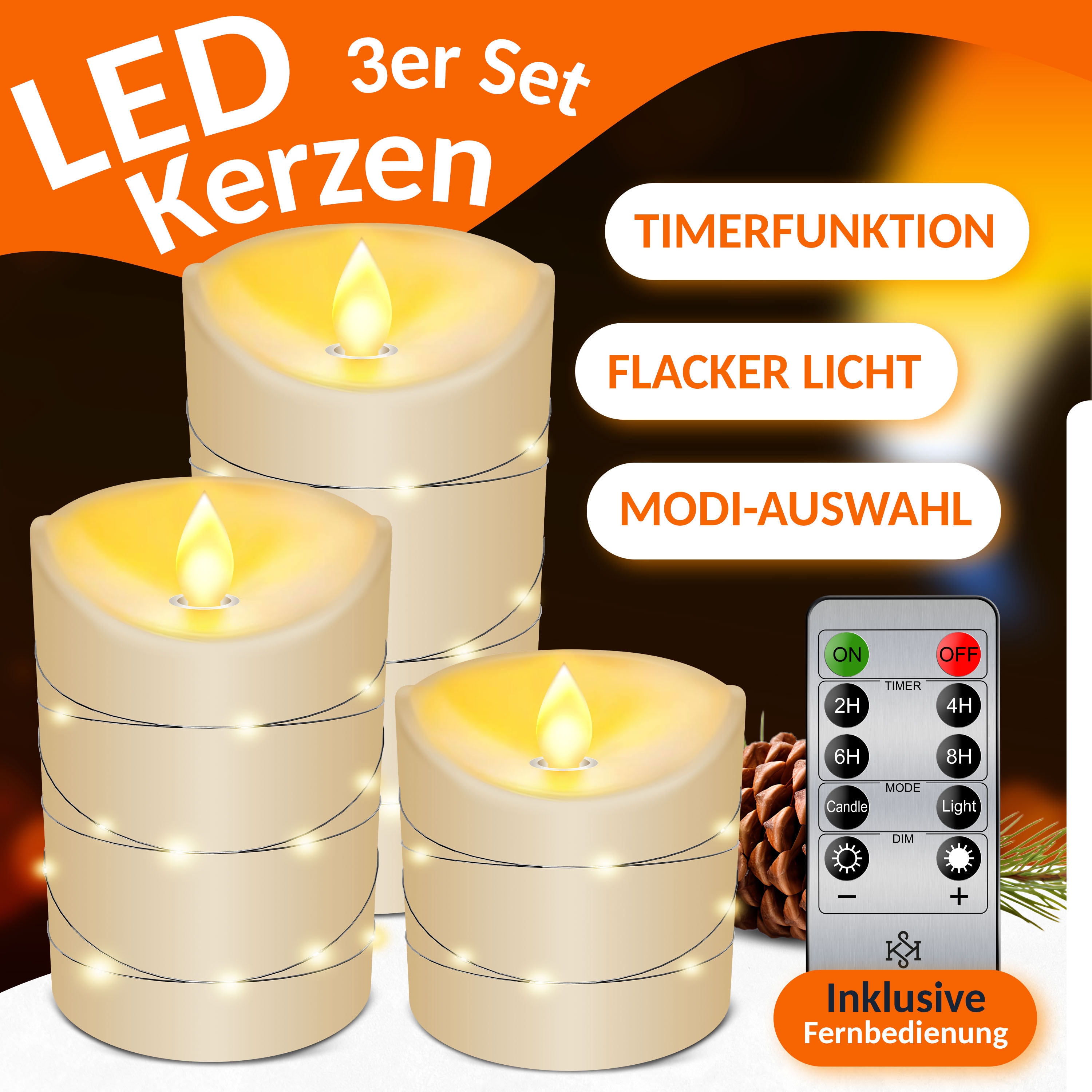 KESSER&reg; LED Kerzen Set Flammenlose Kerze mit Fernbedienung Timerfunktion Timer Dimmer Echtwachskerze Realistisch Flackernde Led-Flammen Echtwachs mit Kordel Deko - Bild 1