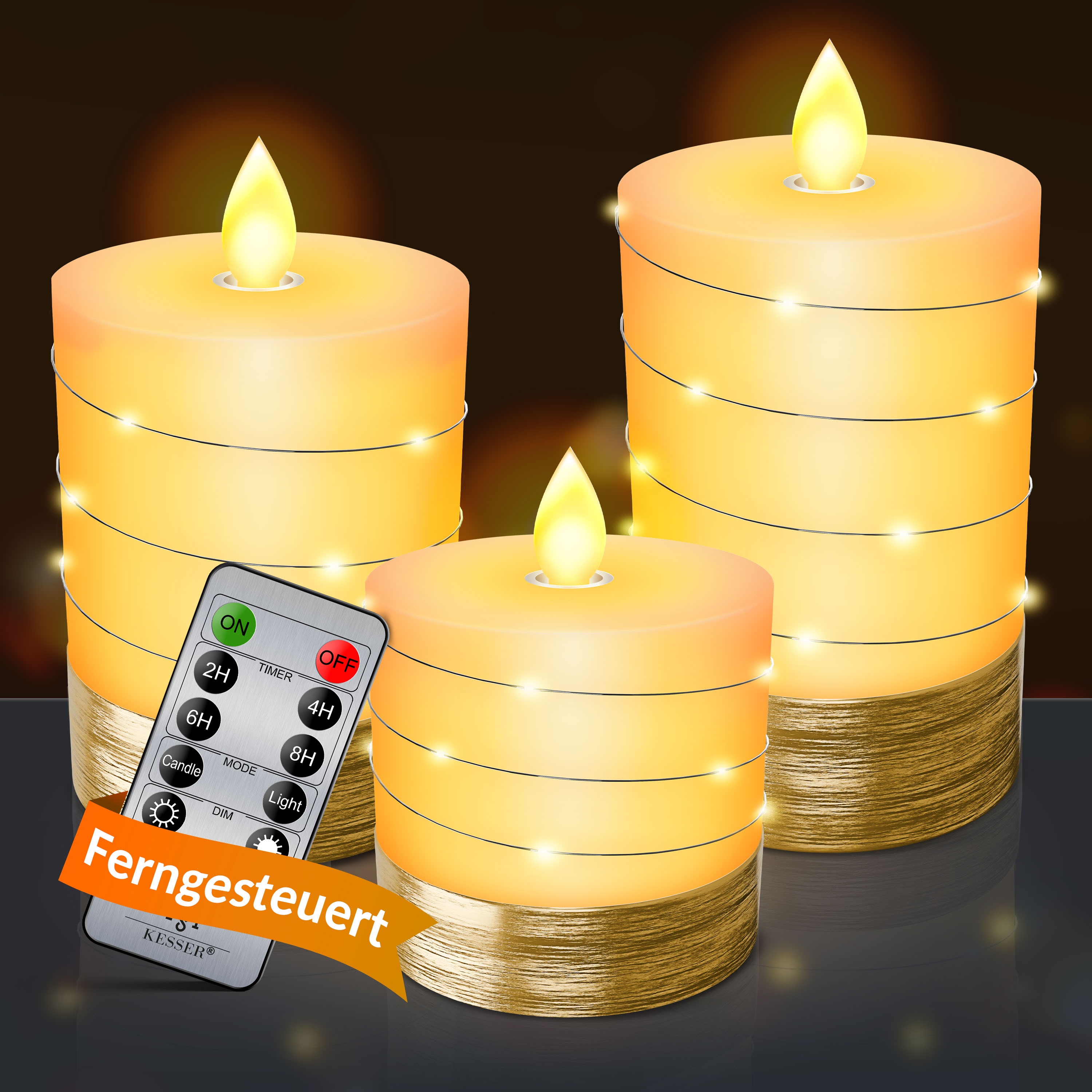 KESSER&reg; LED Kerzen Set Flammenlose Kerze mit Fernbedienung Timerfunktion Timer Dimmer Echtwachskerze Realistisch Flackernde Led-Flammen Echtwachs mit Kordel Deko - Bild 1