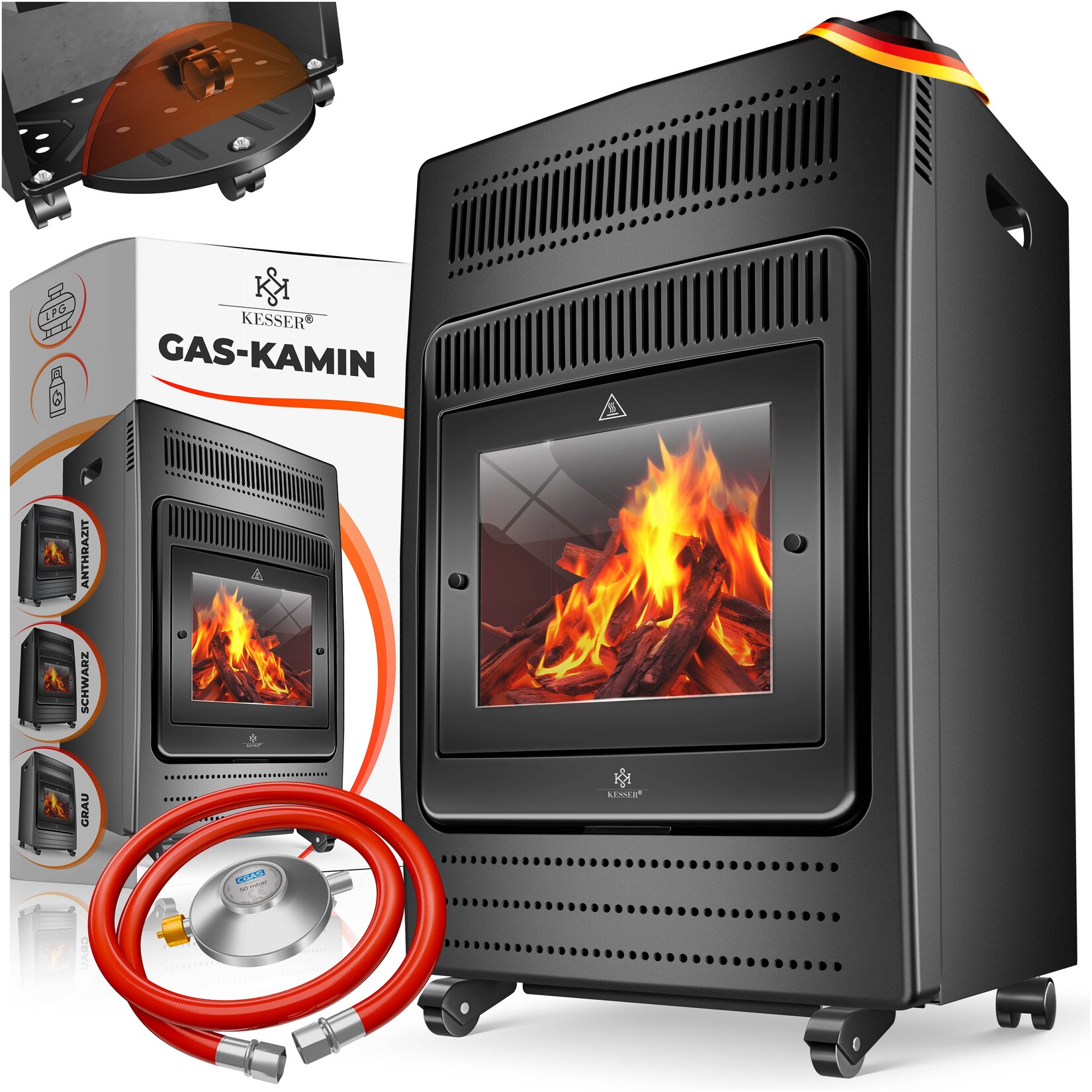 KESSER® Gasheizer Gasheizofen Heizstrahler 3,4 kW Gas Kamin  inkl. Gasdruckregler & Gasschlauch 2 Heizstufen Infrarot  3400W Gasheizstrahler Gasheizung Butan- oder Propangasflaschen bis 11kg Schwarz | 04260729112309