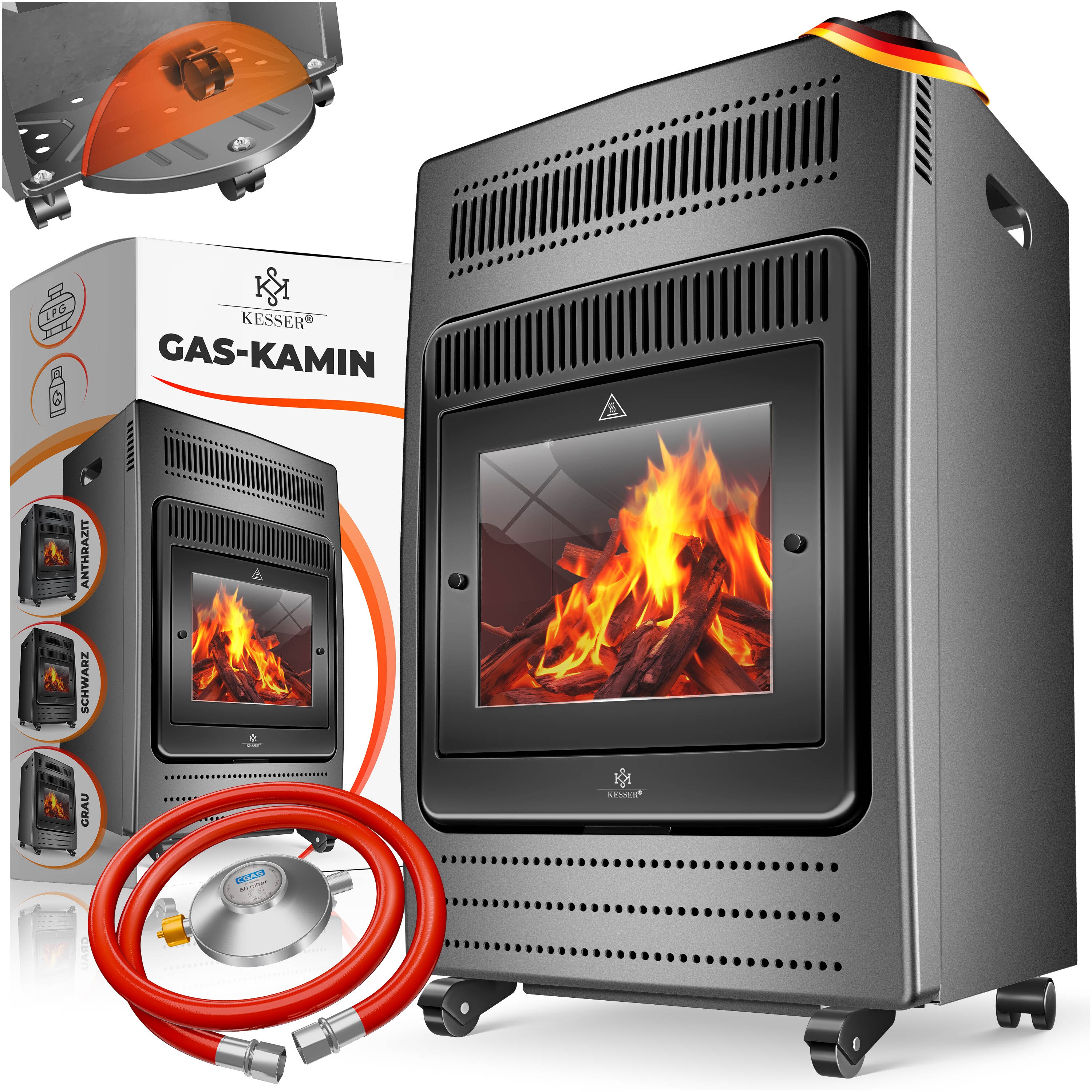 KESSER&reg; Gasheizer Gasheizofen Heizstrahler 3,4 kW Gas Kamin  inkl. Gasdruckregler & Gasschlauch 2 Heizstufen Infrarot  3400W Gasheizstrahler Gasheizung Butan- oder Propangasflaschen bis 11kg Schwarz - Bild 1