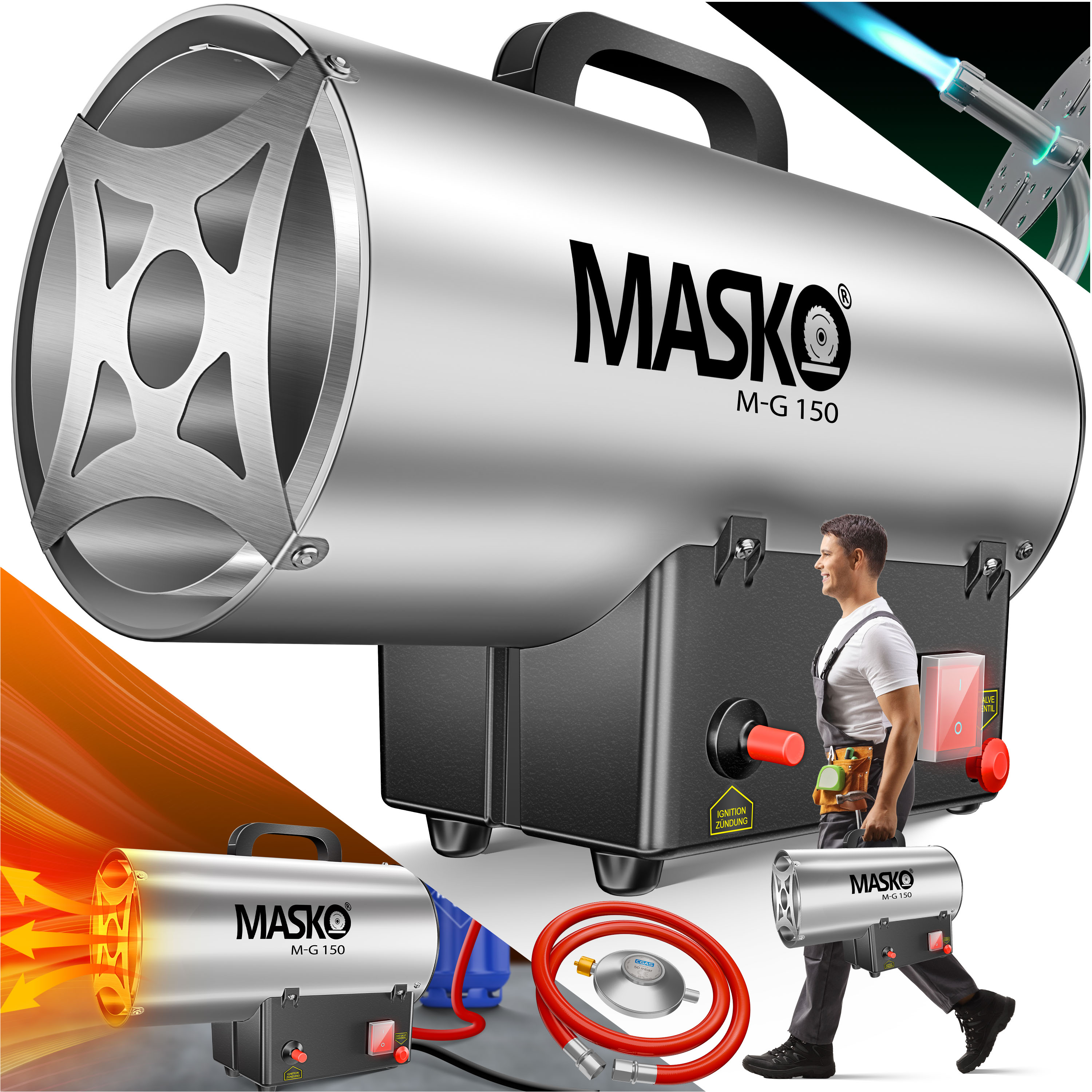 MASKO&reg; Gasheizgebl&auml;se Gasheizer Heizkanone Gasheizstrahler Bauheizer Gas Heizger&auml;t heizstrahler Hei&szlig;luftgenerator inkl. Gasschlauch & Druckminderer Heizgebl&auml;se f&uuml;r handels&uuml;bliche Gasflaschen - Bild 1