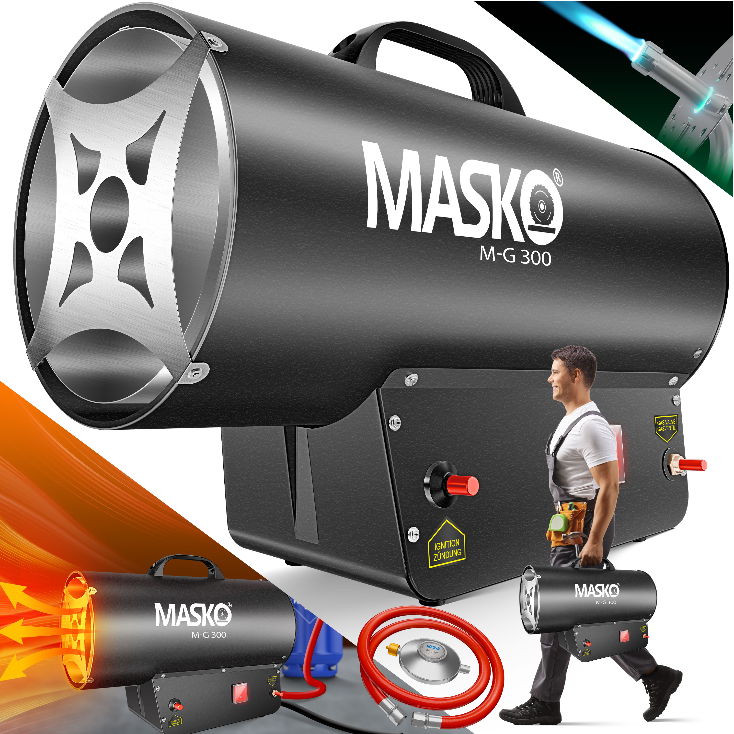 MASKO&reg; Gasheizgebl&auml;se Gasheizer Heizkanone Gasheizstrahler Bauheizer Gas Heizger&auml;t heizstrahler Hei&szlig;luftgenerator inkl. Gasschlauch & Druckminderer Heizgebl&auml;se f&uuml;r handels&uuml;bliche Gasflaschen - Bild 1
