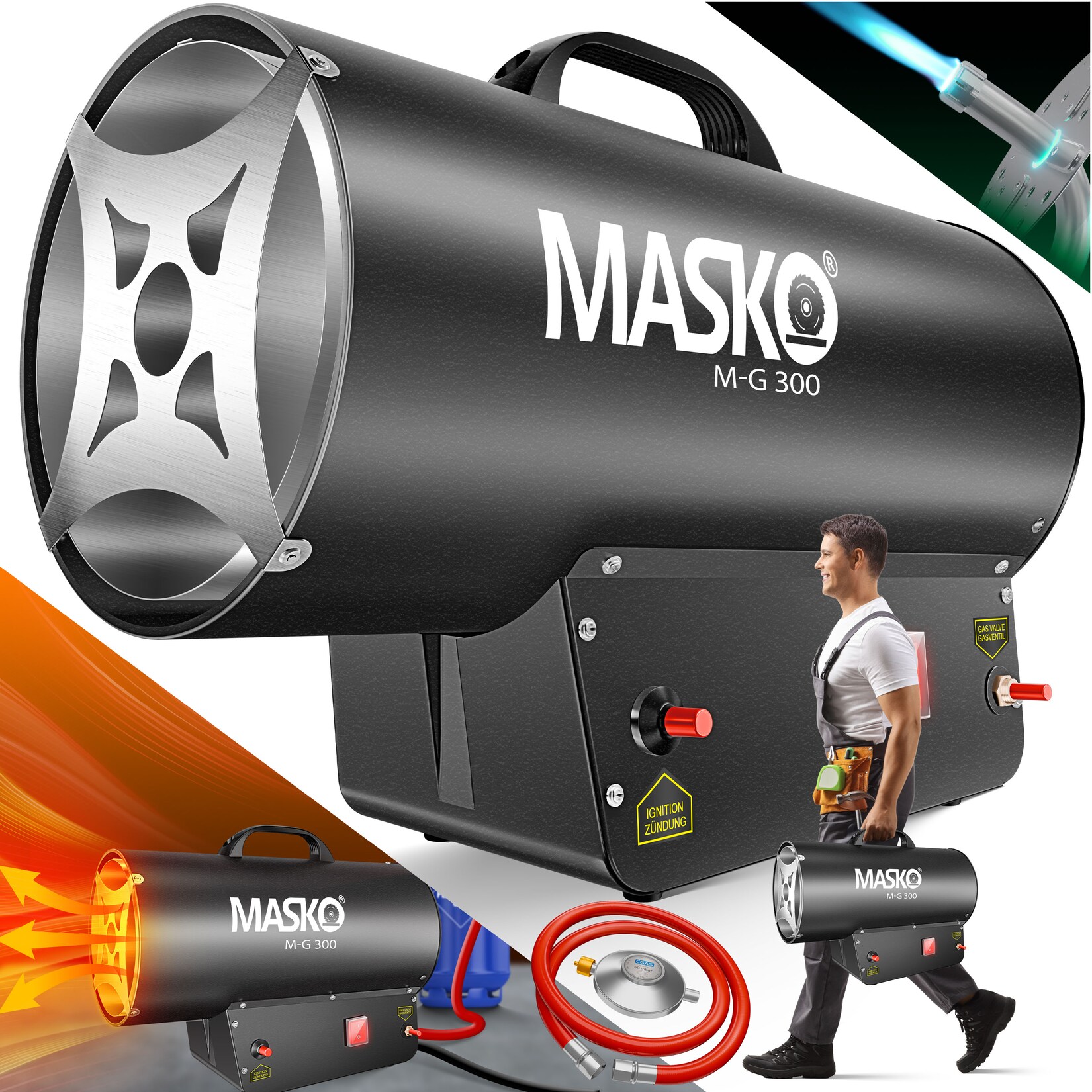 MASKO® Gasheizgebläse Gasheizer Heizkanone Gasheizstrahler Bauheizer Gas Heizgerät heizstrahler Heißluftgenerator inkl. Gasschlauch & Druckminderer Heizgebläse für handelsübliche Gasflaschen | 04260729112262