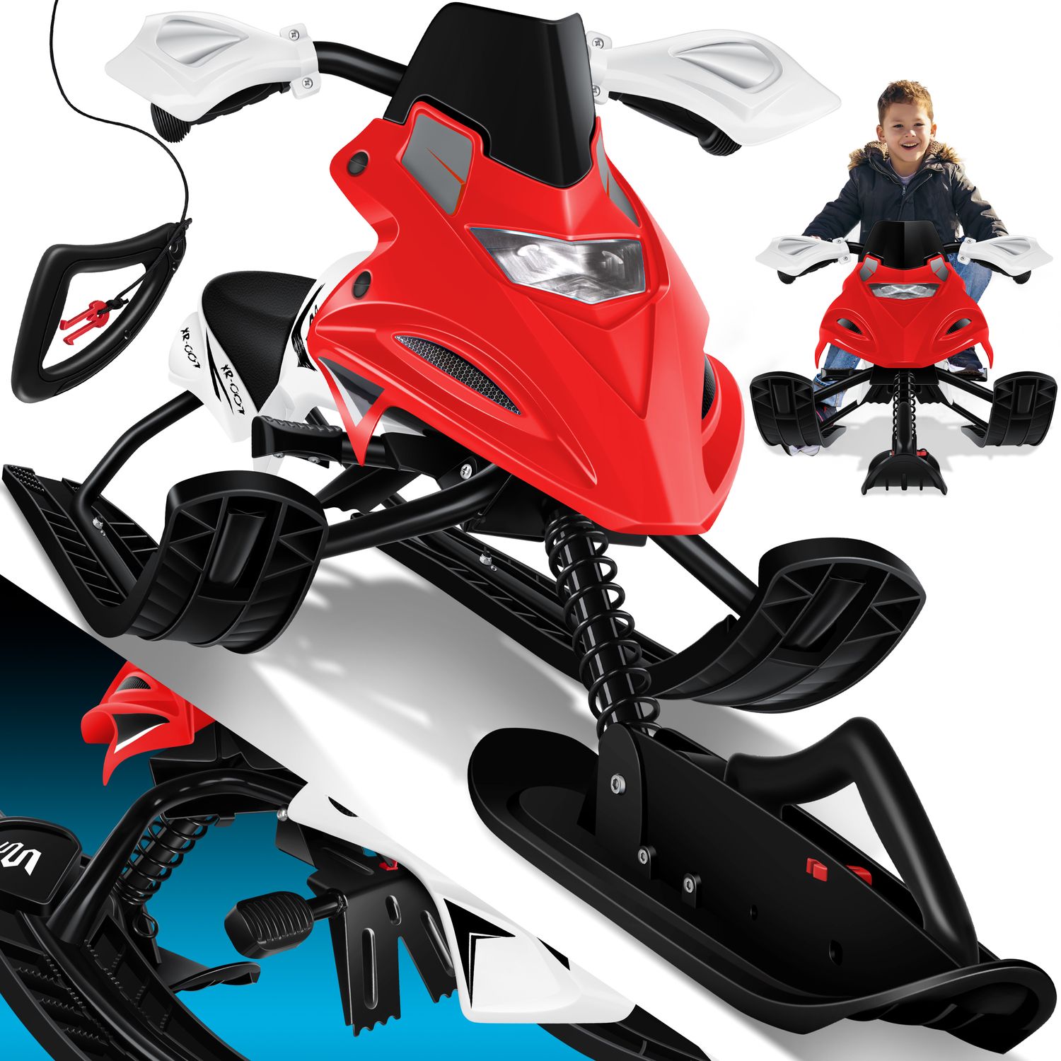 KESSER&reg; Lenkschlitten mit 2 Fu&szlig;bremsen | Automatisches Zugseil | Federung | Kufenlenkung | Bob Kinderschlitten Rodel Schlitten | Skiboblenkschlitten | - Bild 1