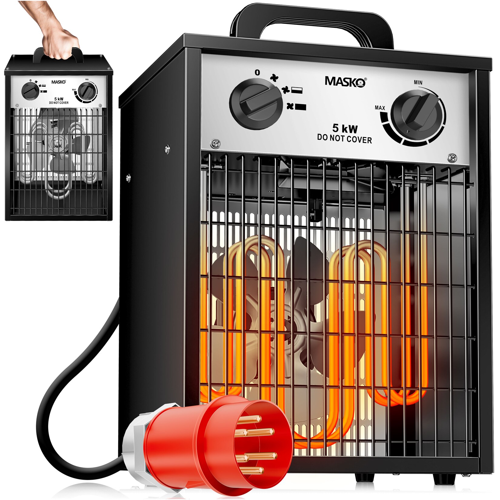 MASKO® Elektroheizer Heizlüfter Bauheizer mit integriertem Thermostat elektrisch Heizgerät mit 3 Heizstufen Heizgebläse für Innen- und Außeneinsatz Überlastschutz Elektroheizgebläse