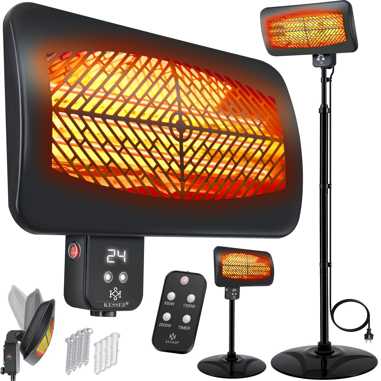 KESSER&reg; Heizstrahler Infrarotstrahler Terrassenheizstrahler Standheizer Wickeltisch-W&auml;rmestrahler mit Fernbedienung  Wandhalterung | Innen- und Au&szlig;enbereich | Infrarot Terrassenheizung Quarzstrahler - Bild 1
