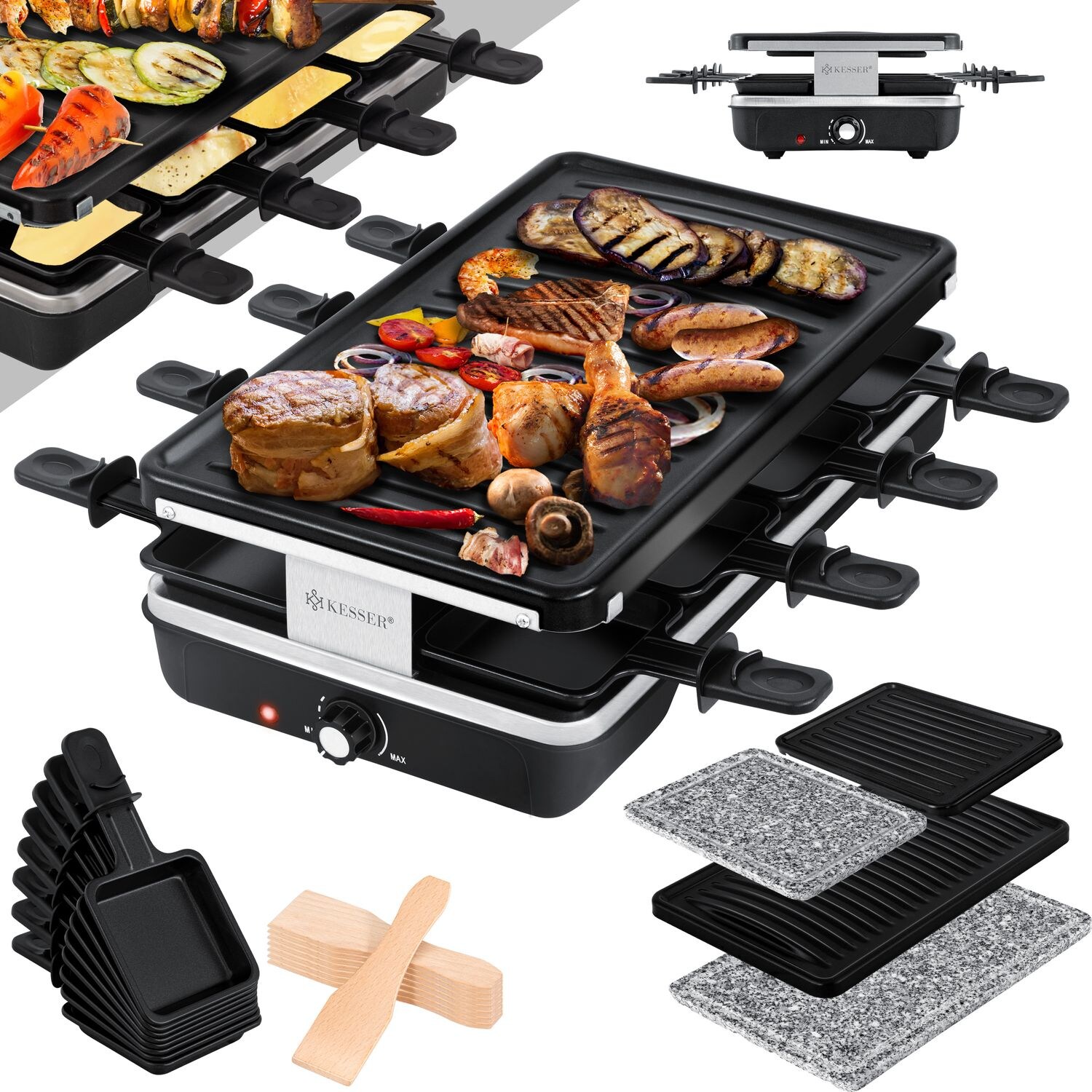 KESSER® Raclette-Grill mit Naturgrillstein, Grillplatte Tischgrill für 8 Personen, Elektrogrill Raclette Grill antihaftbeschichteter Grillplatte, 8 Pfannen und Holzspatel 1200W | 04260692715309