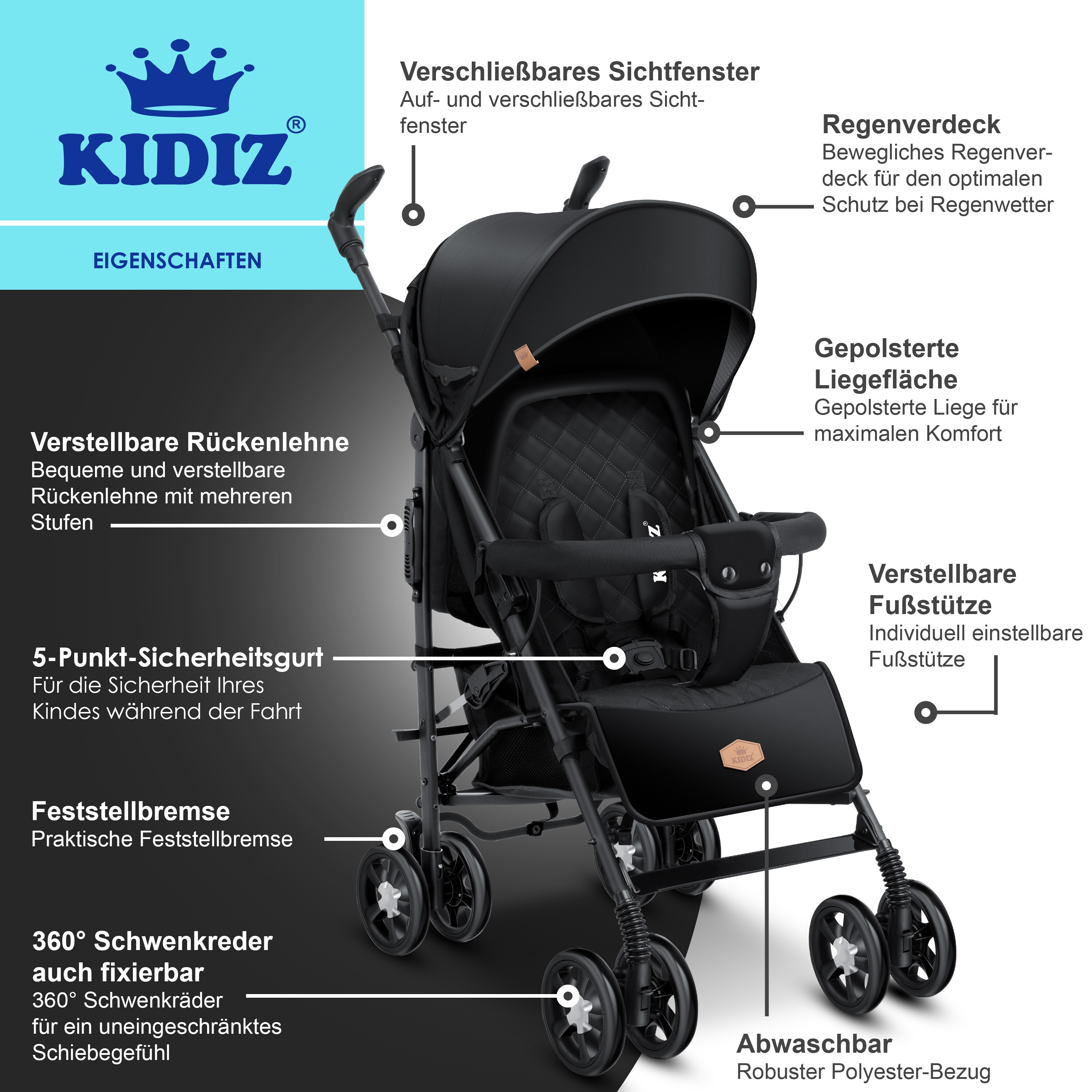 KIDIZ® Kinderwagen Kinderbuggy Klappbar Liegebuggy Sportwagen Faltbar 360 Raeder 5 Punkt Gurt Inkl Fusssack Getraenkehalter Regenabdeckung Moskitonetz Verstellbare Rueckenlehne Sonnenverdeck