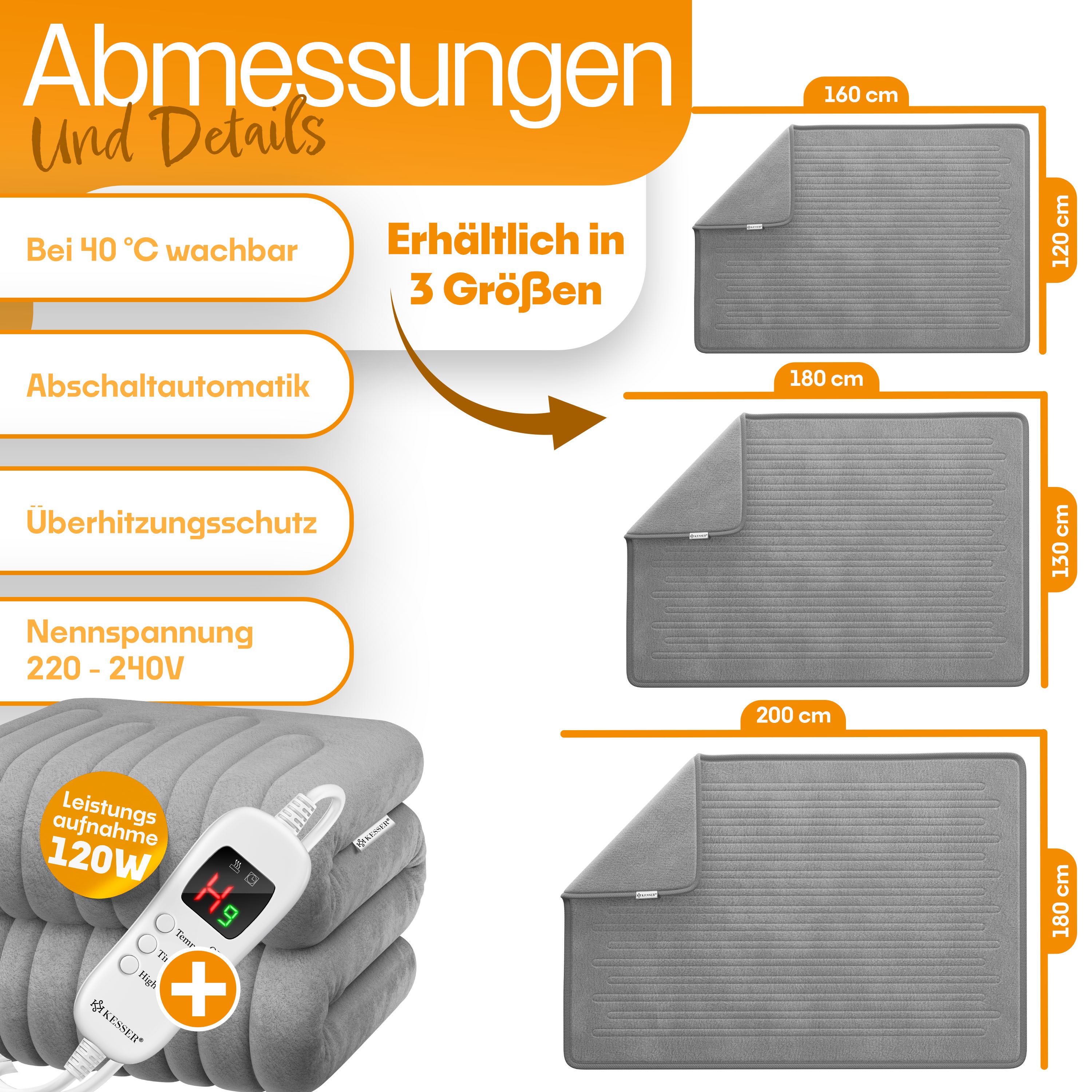 KESSER Heizdecke 180x130 Cm – Doppelseitig Kuschelig Mit 9 Temperaturstufen & Timer