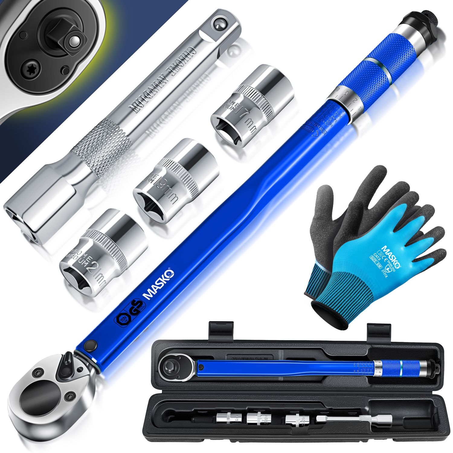 MASKO&reg; Drehmomentschl&uuml;ssel 6tlg. Set 40-210Nm 1/2 ' CV inkl. 3 Steckn&uuml;ssen 17mm, 19mm, 21mm  und Verl&auml;ngerung 125mm  inkl. Koffer +/- 4% Toleranz  Reifenschl&uuml;ssel Auto Drehmoment-Schl&uuml;ssel - Bild 1