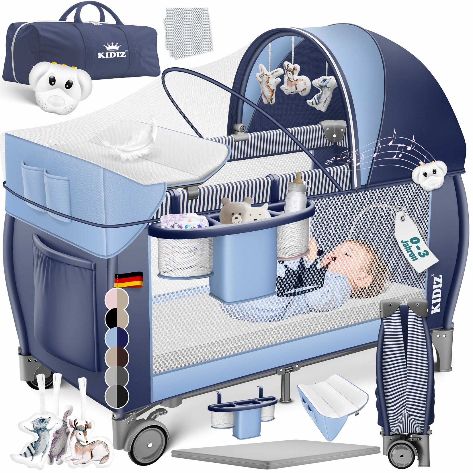KIDIZ® Babybett Reisebett Kinderreisebett Faltbar mit Matratze 120x60, Seiteneingang, Wickelauflage, Mosktionetz, Spielbogen & Tragetasche Baby Beistellbett Kinderbett ab Geburt bis 15 kg