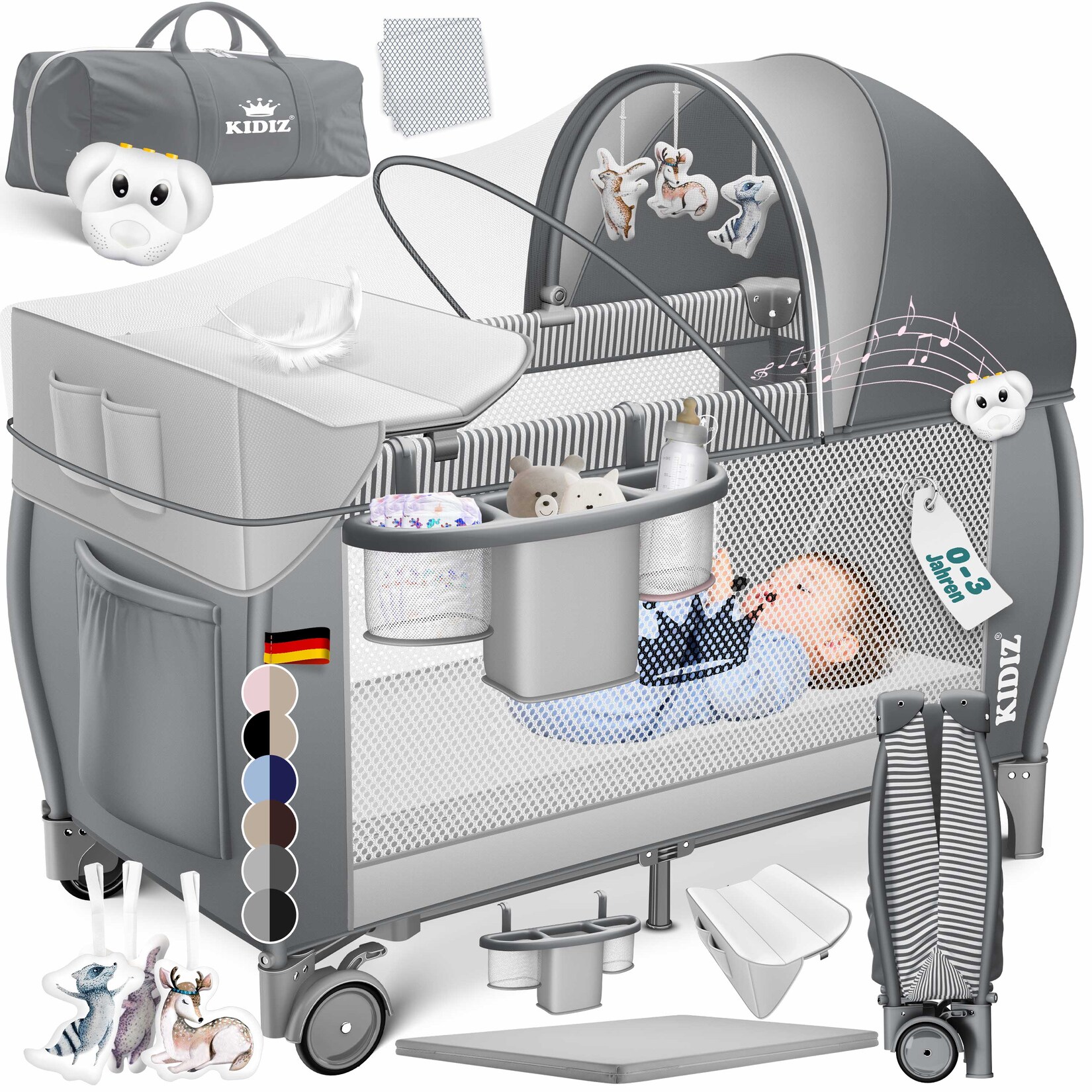 KIDIZ® Babybett Reisebett Kinderreisebett Faltbar mit Matratze 120x60, Seiteneingang, Wickelauflage, Mosktionetz, Spielbogen & Tragetasche Baby Beistellbett Kinderbett ab Geburt bis 15 kg