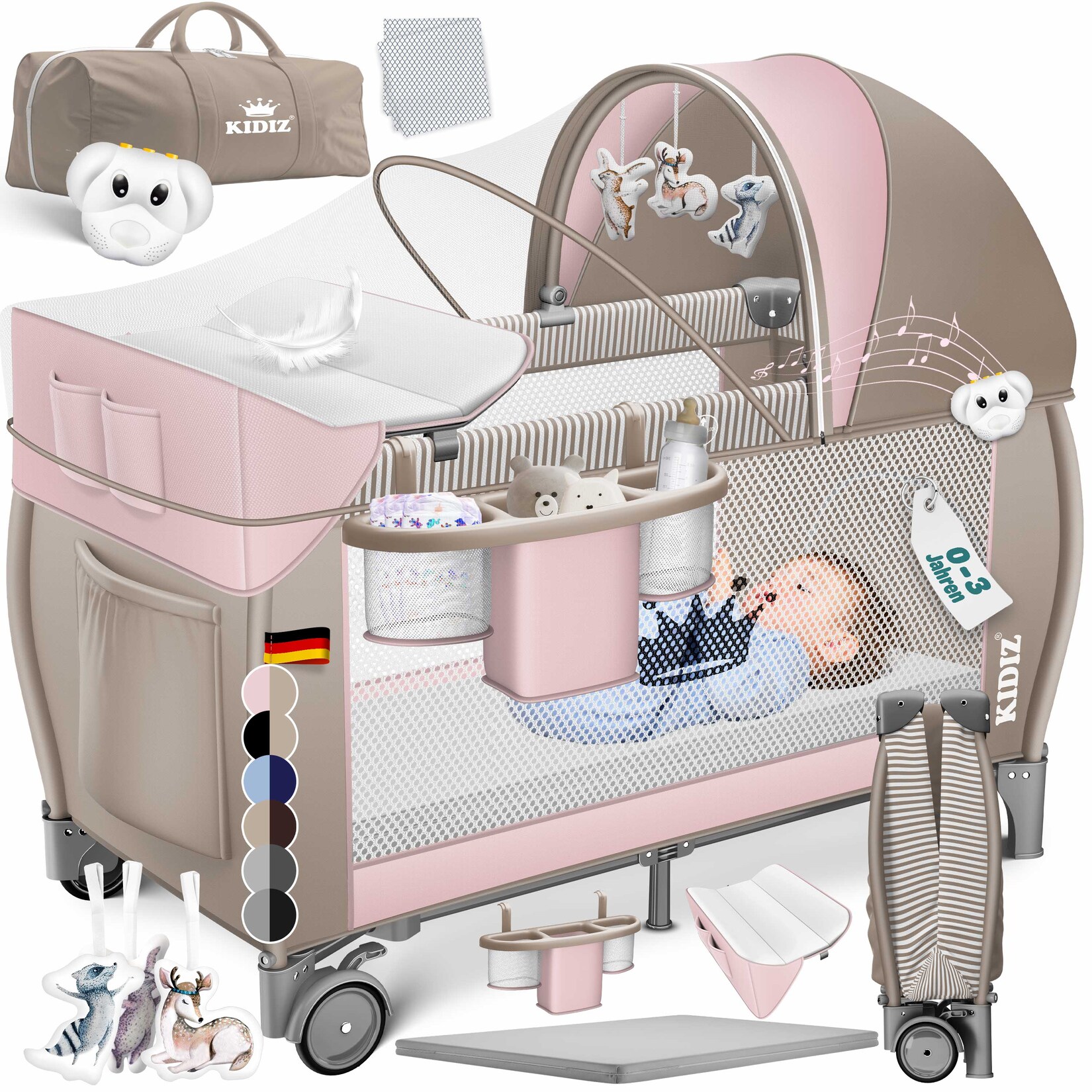 KIDIZ® Babybett Reisebett Kinderreisebett Faltbar mit Matratze 120x60, Seiteneingang, Wickelauflage, Mosktionetz, Spielbogen & Tragetasche Baby Beistellbett Kinderbett ab Geburt bis 15 kg