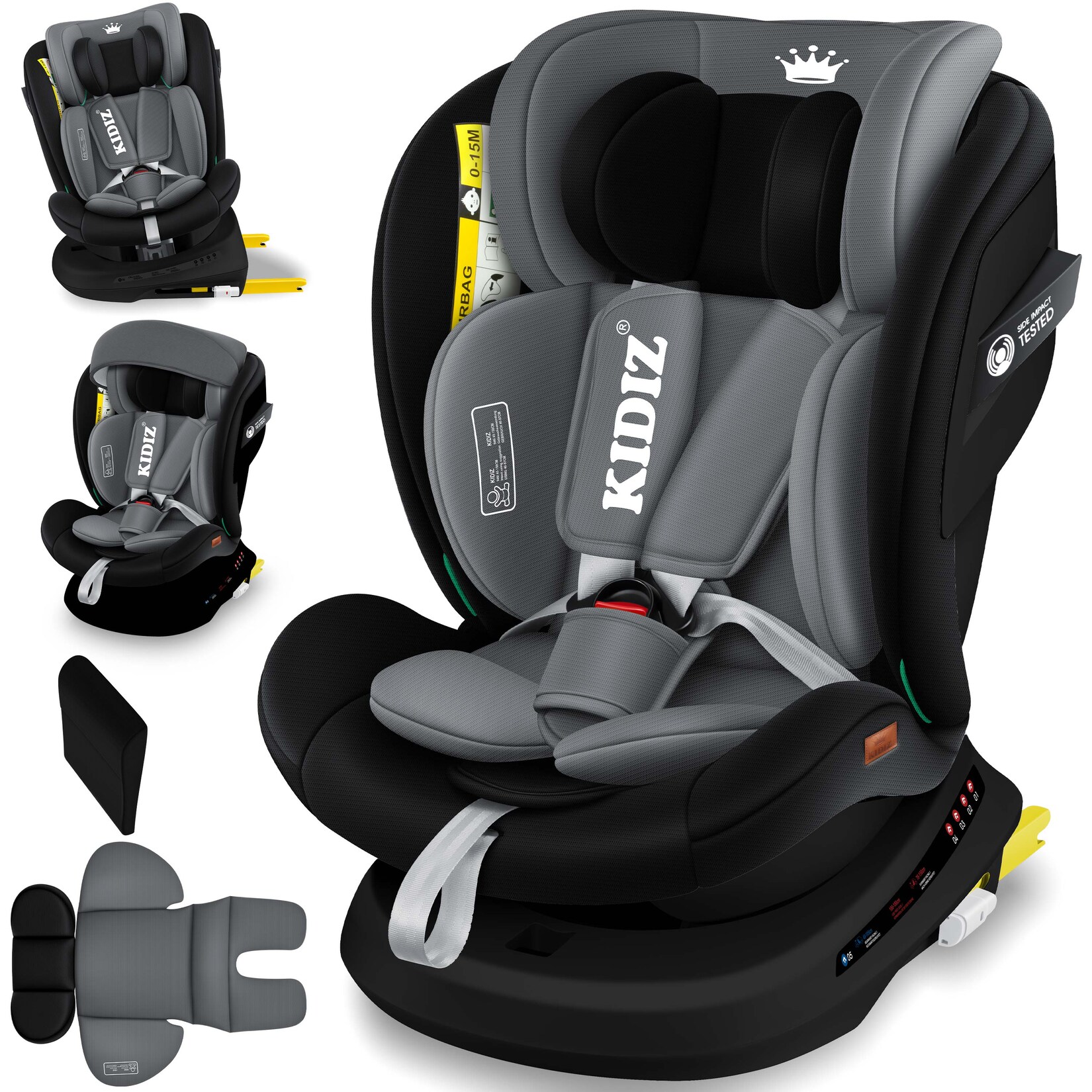 KIDIZ® Kindersitz Autositz Kinderautositz Baby Isofix Top Tether 360° drehbar i-Size Gruppe 0/1/2/3 ab Geburt -12 Jahre + Sonnenschutzdach Seitenschutz 5 Punkt Gurt Kopfstützenverstellung ECE R129