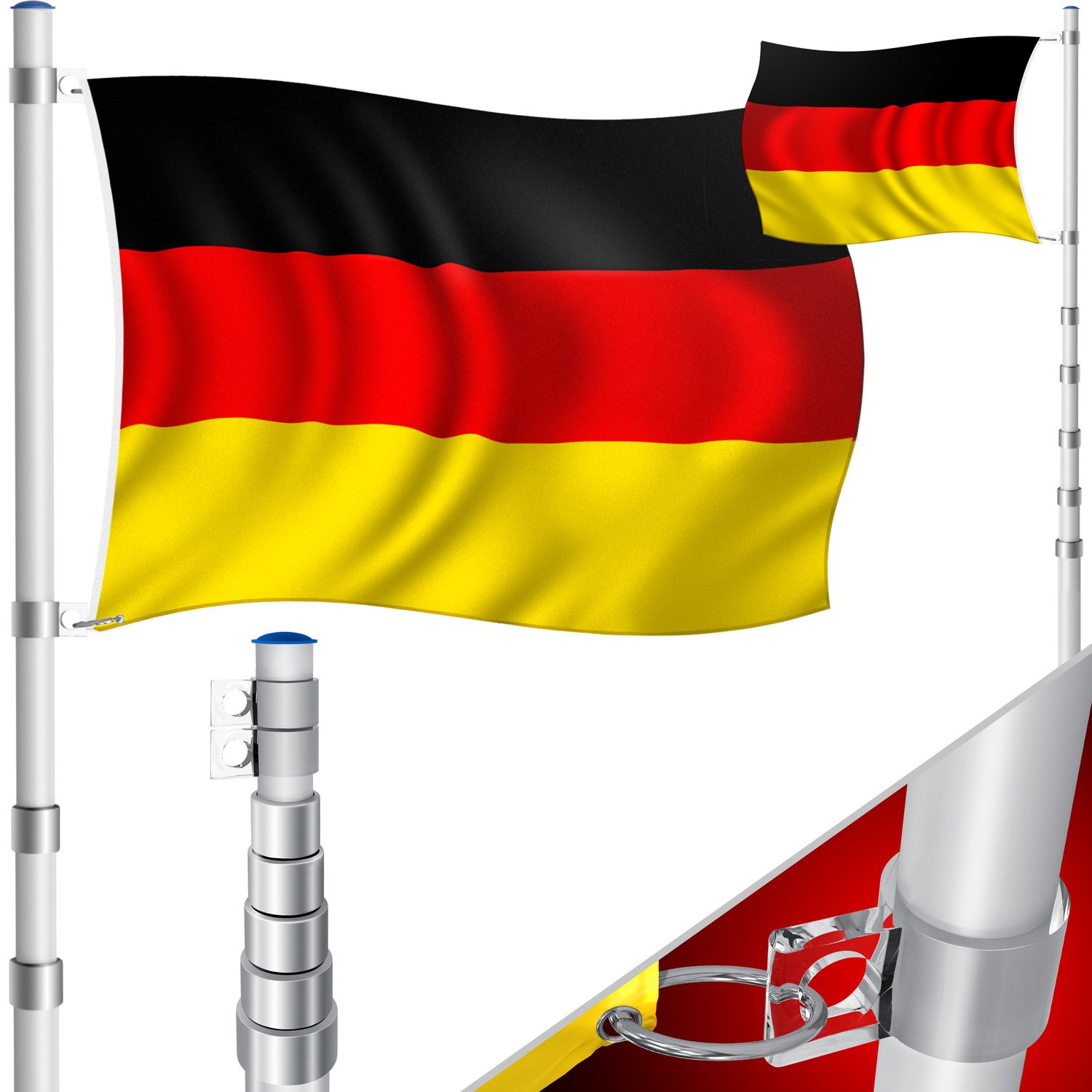 KESSER&reg; Teleskop Fahnenmast Aluminium 6,30m Bodenh&uuml;lse 60cm inkl Deutschlandfahne H&ouml;henverstellbar Flaggenmast Mast Deutschland Flagge Alu - Bild 1