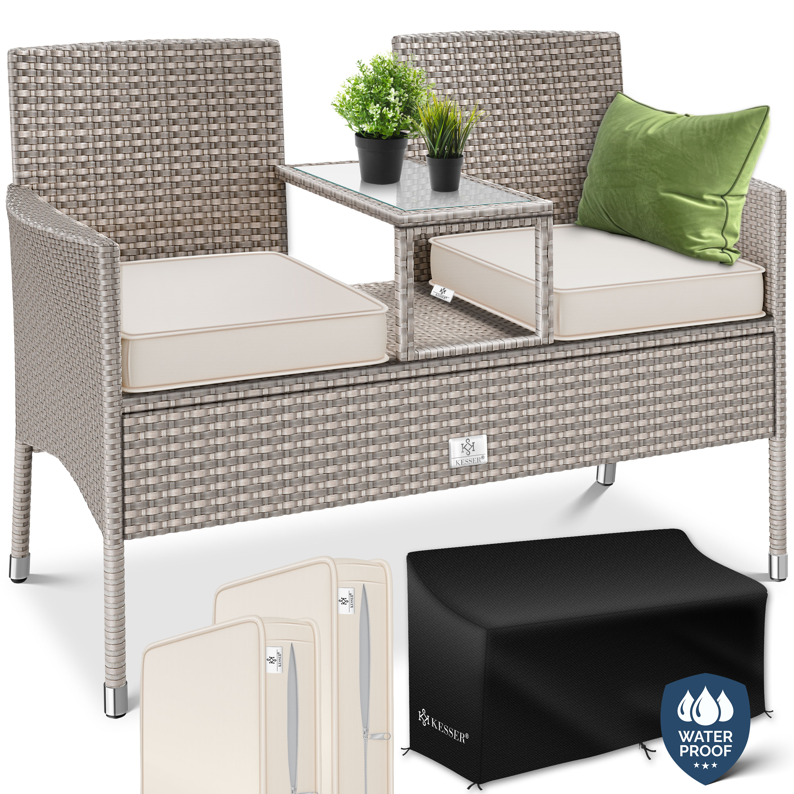 KESSER&reg; Polyrattan Gartenbank 2-Sitzer Bank mit integriertem inkl. Tisch & Kissen - 133 &times; 55 &times; 84 cm - Rattan Sitzbank Garten Balkon Gartensofa wetterfest Sitzgruppe Ultra Stabile - Bild 1