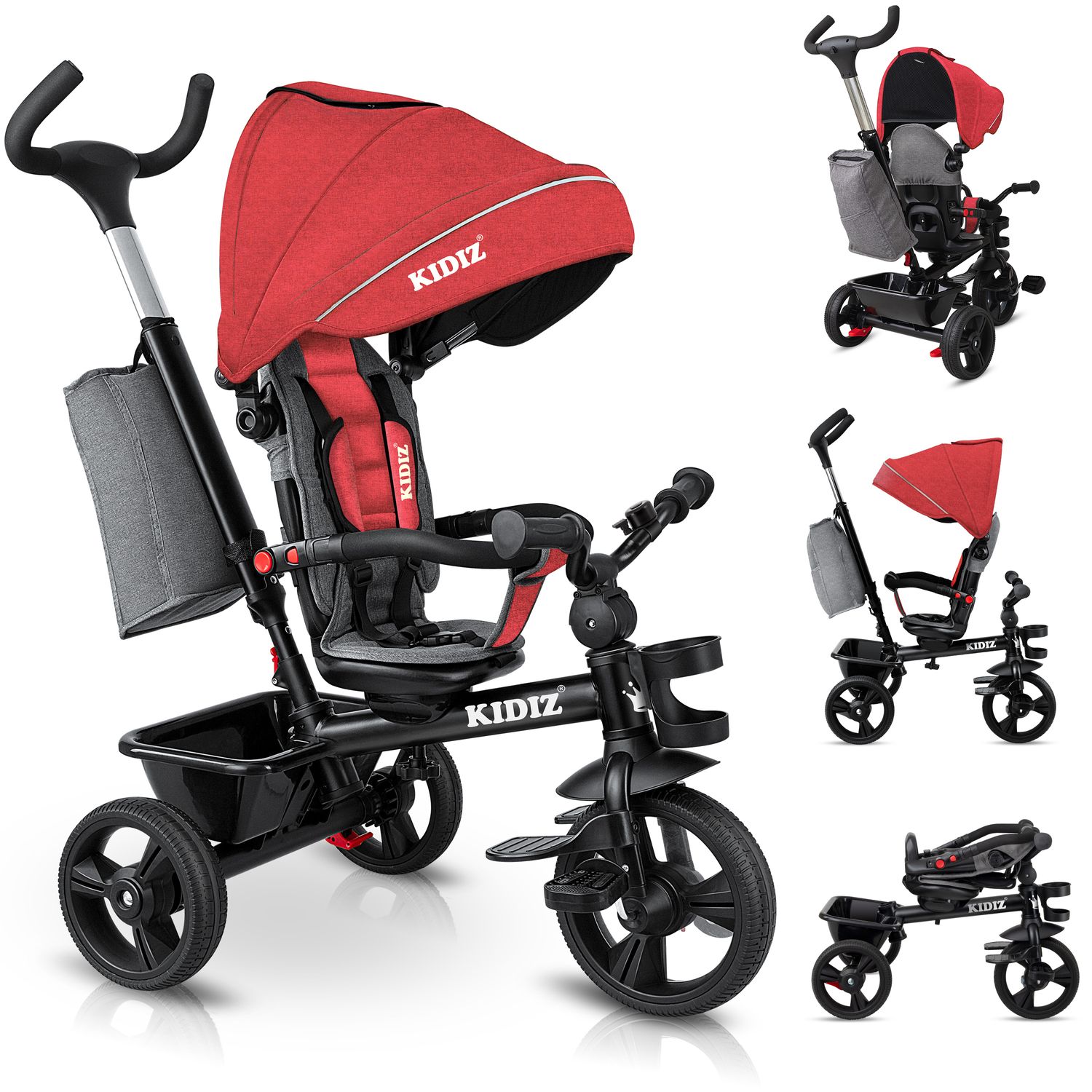 KIDIZ&reg; Dreirad 5in1 Kinderdreirad mit Schubstange Lenksystem Stange ab 1 Jahr vorw&auml;rts und R&uuml;ckw&auml;rtsfahrt Jogger ,  Korb Tasche Getr&auml;nkehalter Sonnendach Gummir&auml;der, Buggy Fahrrad Baby Klappbar - Bild 1
