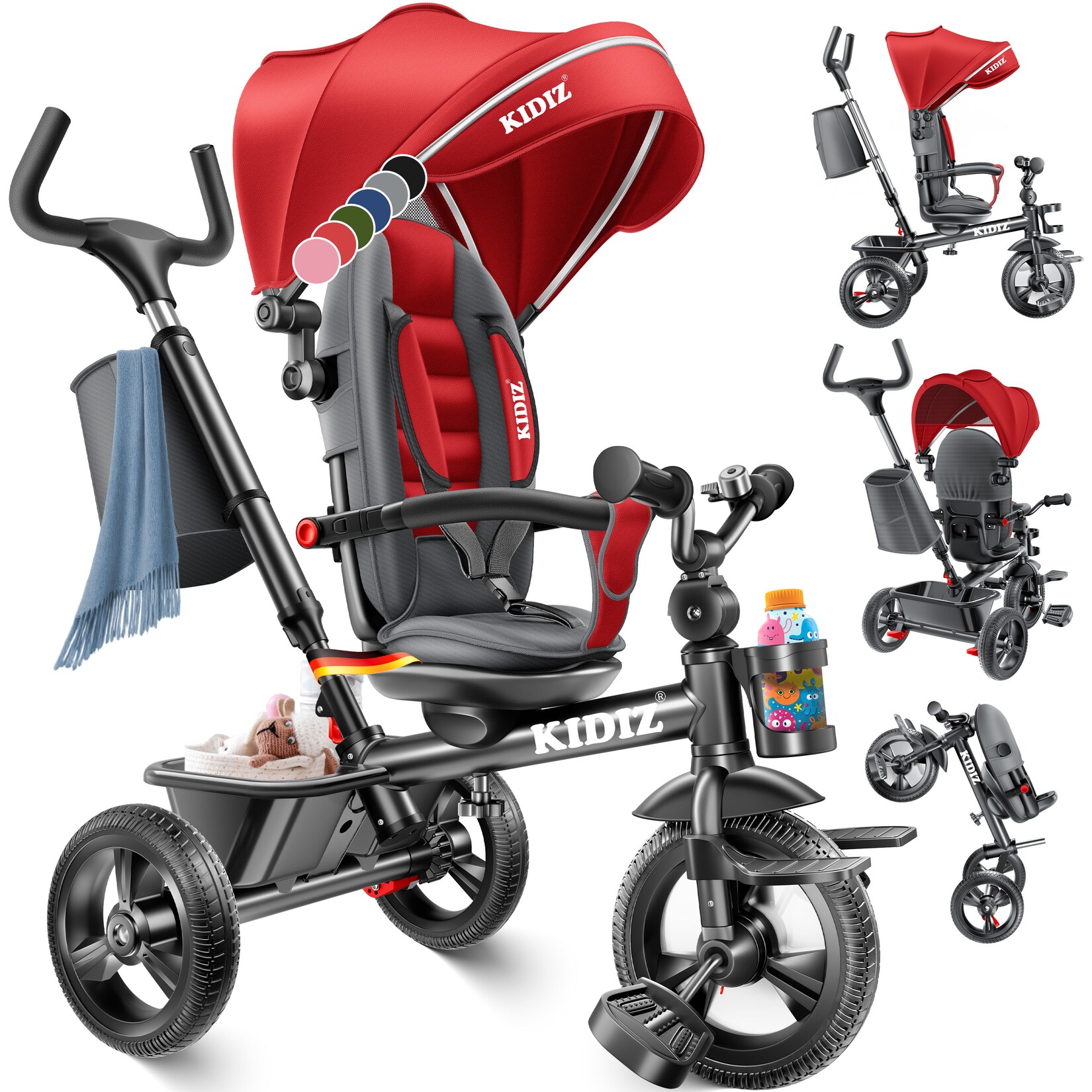 KIDIZ® Dreirad 5in1 Kinderdreirad mit Schubstange Lenksystem Stange ab 1 Jahr vorwärts und Rückwärtsfahrt Jogger , Korb Tasche Getränkehalter Sonnendach Gummiräder, Buggy Fahrrad Baby Klappbar